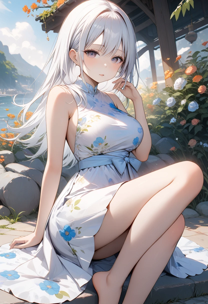 (( best quality, 8k, masterpiece: 1.3)), 1個Giant Breast Girl, Slim and beautiful: 1.3, (Long white hair: 1.2), Floral Dress, Long legs: 1.1, The face is very delicate, Fine Eye, double eyelid, Outdoors