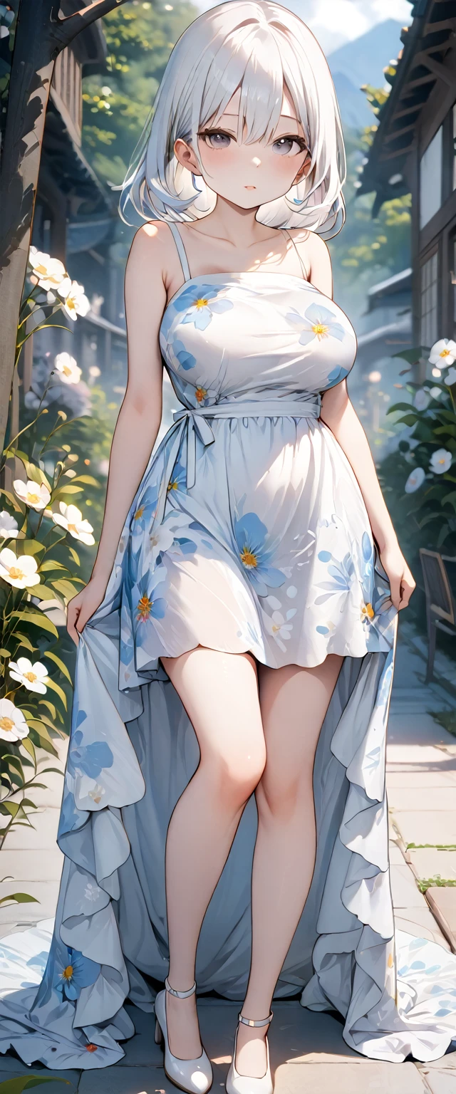 (( best quality, 8k, masterpiece: 1.3)), 1個Giant Breast Girl, Slim and beautiful: 1.3, (Long white hair: 1.2), Floral Dress, Long legs: 1.1, The face is very delicate, Fine Eye, double eyelid, Outdoors