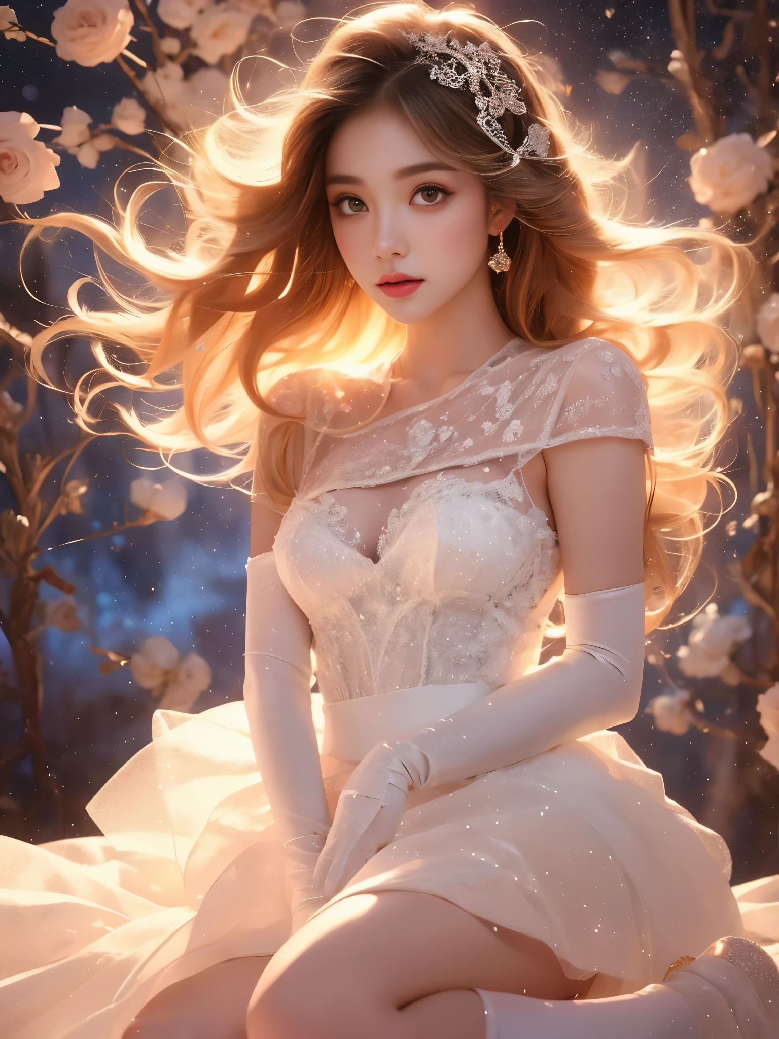 sh0rtj3w3lw3ddr3ss, elbow gloves, short wedding dress, pantyhose, see-through,, (Asian beauty, full body photo: 1.2), (night, starry sky, space scene), (slim athletic figure: 1.1), (visible cleavage: 0.8), (smooth skin, no deformities: 1.2), relaxed posture, Sexy long legs, head tilted, charming smile, hands gently lifted hemline, long shaggy hair flowing, delicate features: (large bright eyes, long eyelashes: 1.1), mouth slightly upturned, expression gentle and confident, (fidelity: 1.1) 1.2), high detail, soft lighting, warm tones