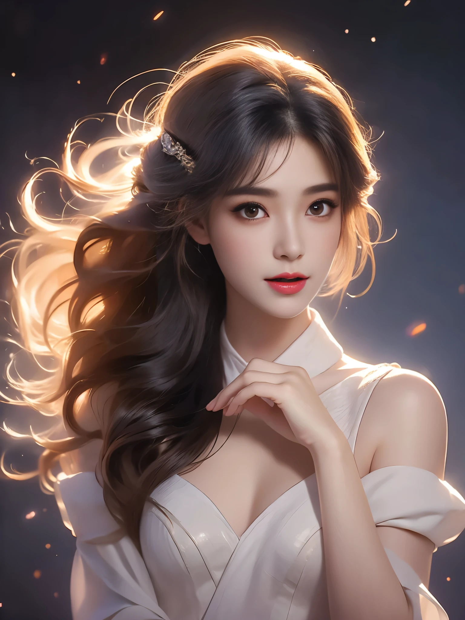 (Asian beauty, full body photo: 1.2), (night, starry sky, space scene), (slim athletic figure: 1.1), (visible cleavage: 0.8), (smooth skin, no deformities: 1.2), relaxed posture, Sexy long legs, head tilted, charming smile, hands gently lifted hemline, long shaggy hair flowing, delicate features: (large bright eyes, long eyelashes: 1.1), mouth slightly upturned, expression gentle and confident, (fidelity: 1.1) 1.2), high detail, soft lighting, warm tones
