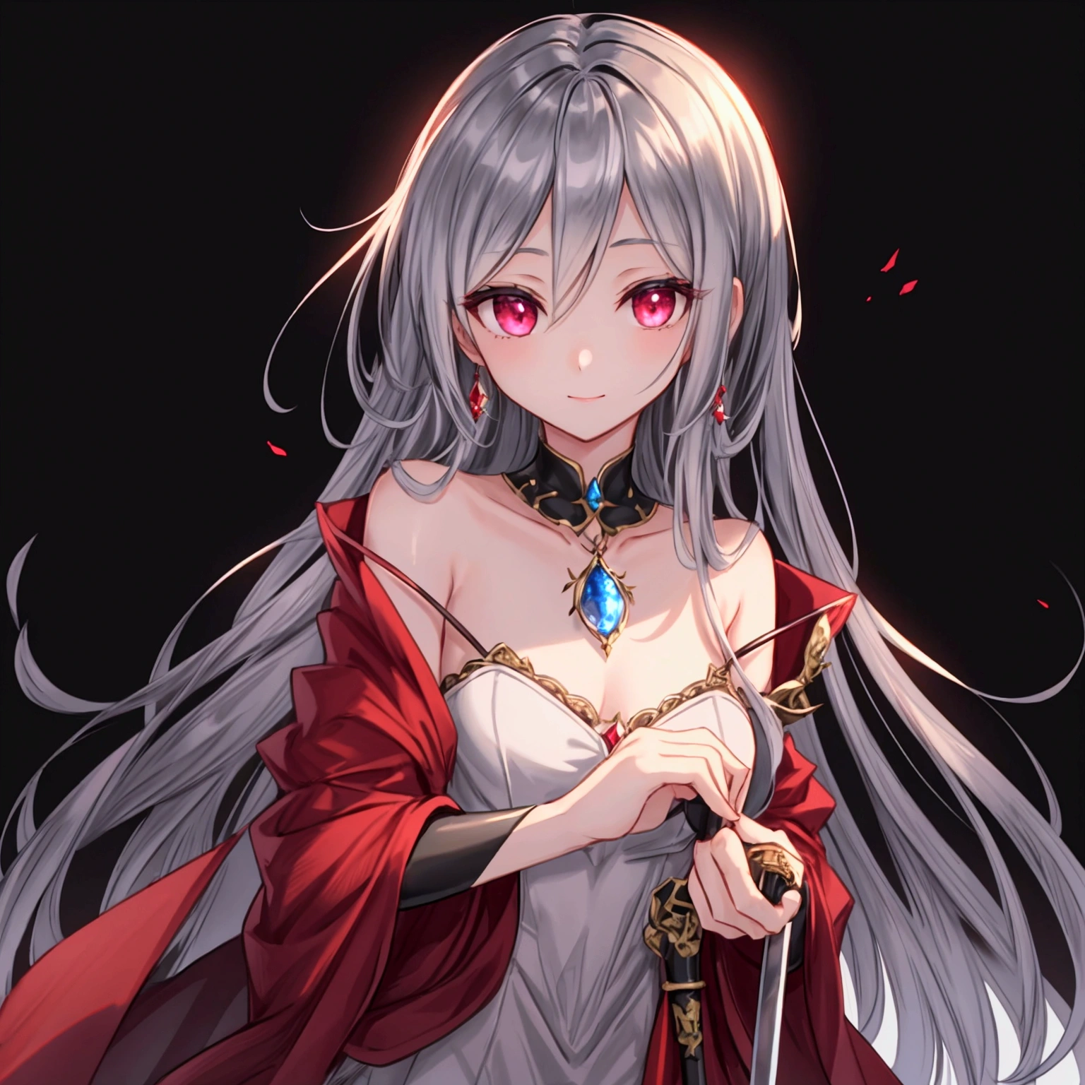 "A slender woman with long, flowing black hair, standing at 160 cm tall, weighing 45 kg, with a petite chest. Her eyes are a soft, pale blue, giving her a mysterious aura. She holds a long, elegant sword with a straight, double-edged blade. The blade is slim and gleaming silver, tapering to a sharp point. The hilt features a crossguard with a subtle curve, crafted in a metallic silver finish. At the center of the crossguard, there is a small, round gem set in a dark red or magenta color, adding a touch of elegance and power. The handle is long and slender, wrapped in a matching material, providing a firm grip. The pommel at the end of the handle is also adorned with a small red gemstone, completing the sword’s ornate and refined appearance. The image is rendered in ultra-high quality, capturing every fine detail with stunning clarity."