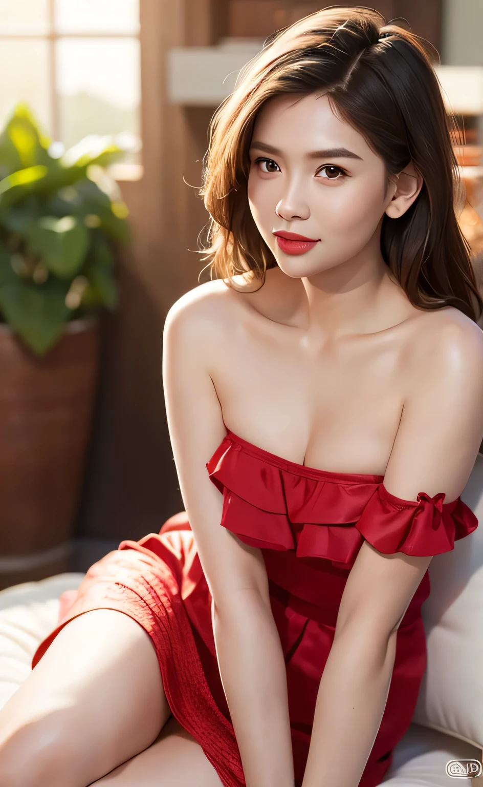 1girl, (looking at viewer),  (bokeh:1.1), closed mouth,light smile, realistic, sitting_on_couch, strapless dress,
skirt, skyline,
best quality, (photorealistic:1.4), ultra highres, Chingmy YauV2