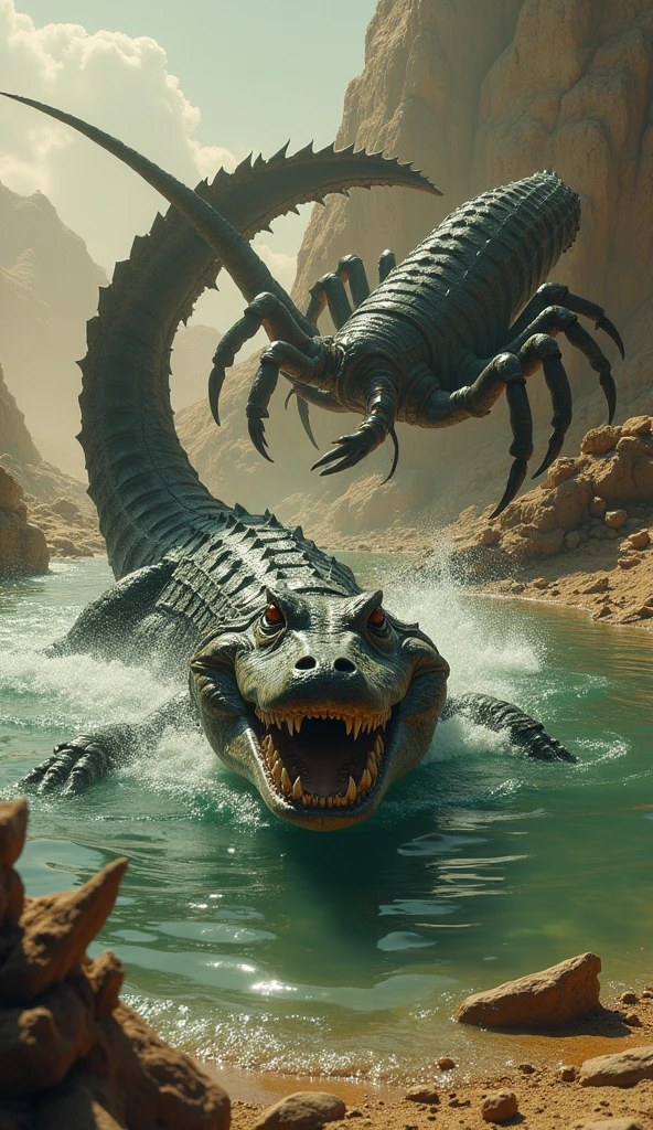 Cipactli the great colossal beast half crocodile half fish with 18 mouths that swims in the heavenly waters fighting with Quetzalcoatl the enormous feathered serpent