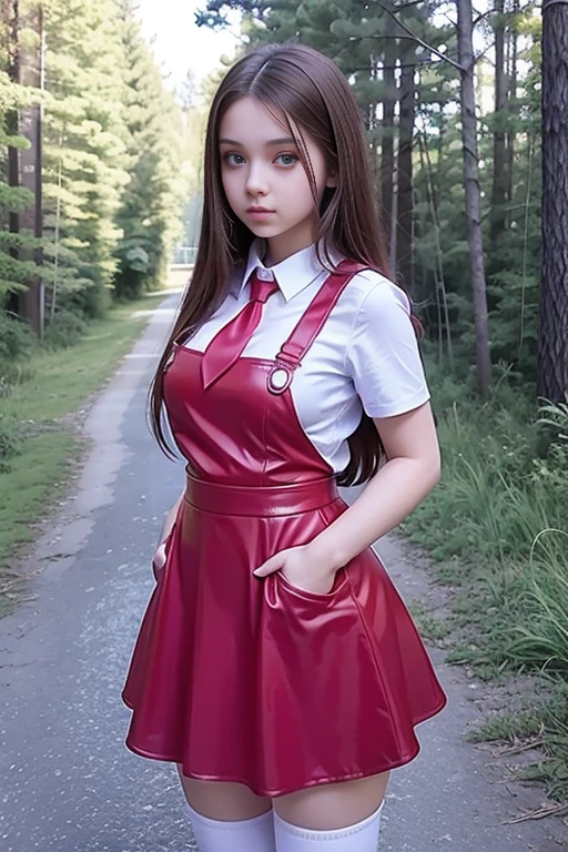   Front angle on Cute young beautiful curvy schoolgirl ,  beautiful  teen face, red leather skater pinafore dress ,  transparent white blouse, short sleeves, red silk tie , brunette long hair,  beautiful eyes. stockings,  Sneakers,  schoolgirl - standing in the woods ,   photorealistic , sad face, skater pinafore, skater dress, full size figure