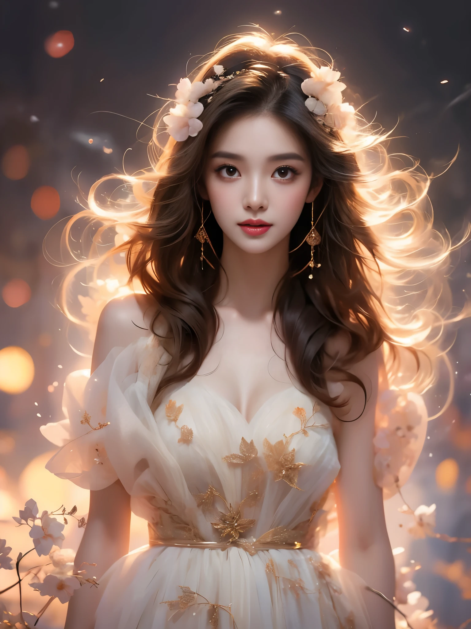 fodress (Asian beauty, full body photo: 1.2), (night, starry sky, space scene), (slim athletic figure: 1.1), (visible cleavage: 0.8), (smooth skin, no deformities: 1.2), relaxed posture, Sexy long legs, head tilted, charming smile, hands gently lifted hemline, long shaggy hair flowing, delicate features: (large bright eyes, long eyelashes: 1.1), mouth slightly upturned, expression gentle and confident, (fidelity: 1.1) 1.2), high detail, soft lighting, warm tones