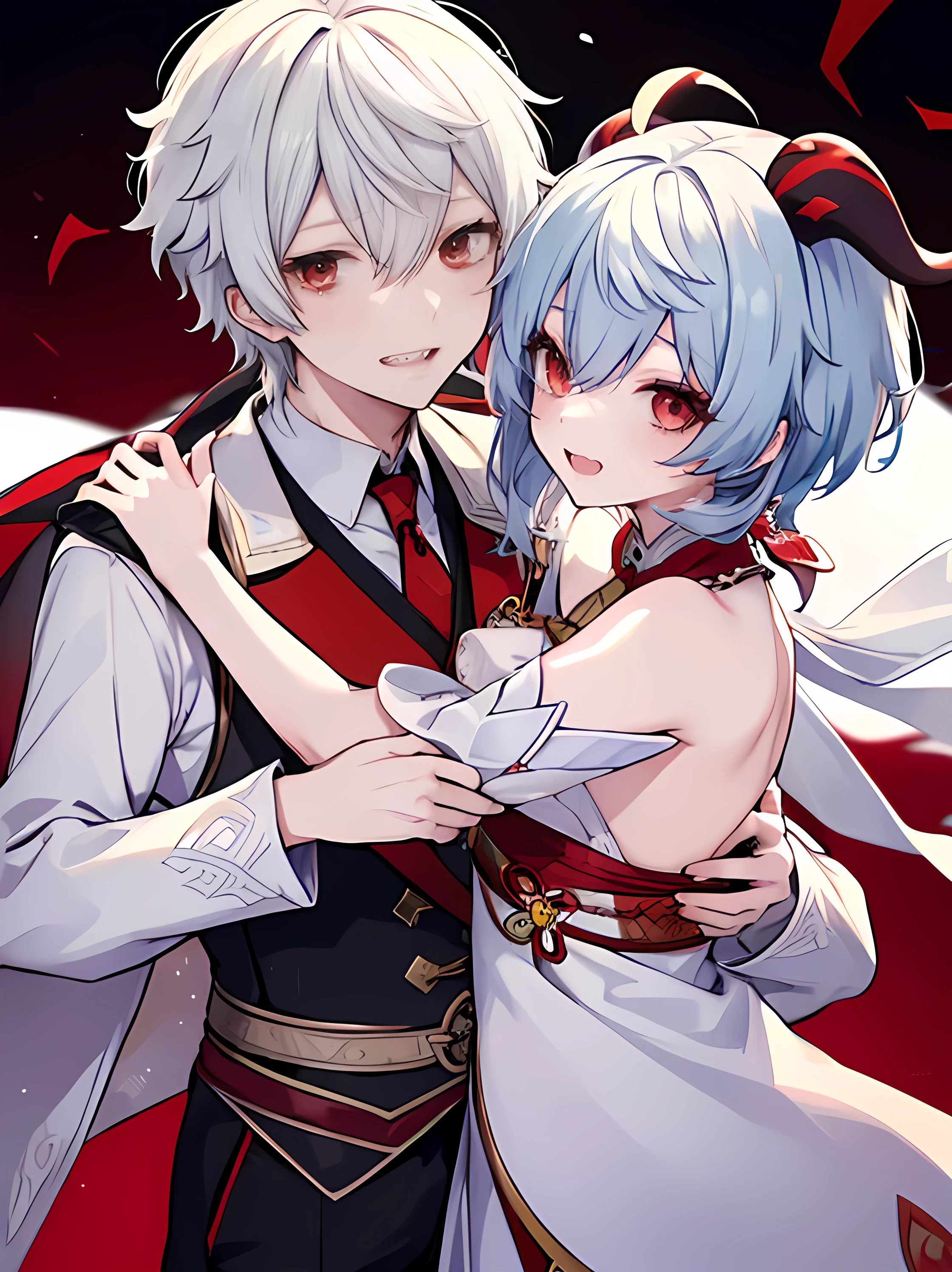 2person, holding each other, ((Nijisanji Kuzu))、Nijisanji、Vampire、​masterpiece、4K works、Short-haired man with gray hair、Vampire Man、Vampire costume、Fangs grow、Beautiful anime works、animesque、Grinning expression, Kuzu holding ganyu genshin impact, ganyu light blue hair, ganyu holding kuzuha kuzu, ganyu genshin impact, hug, hugs, cute girl