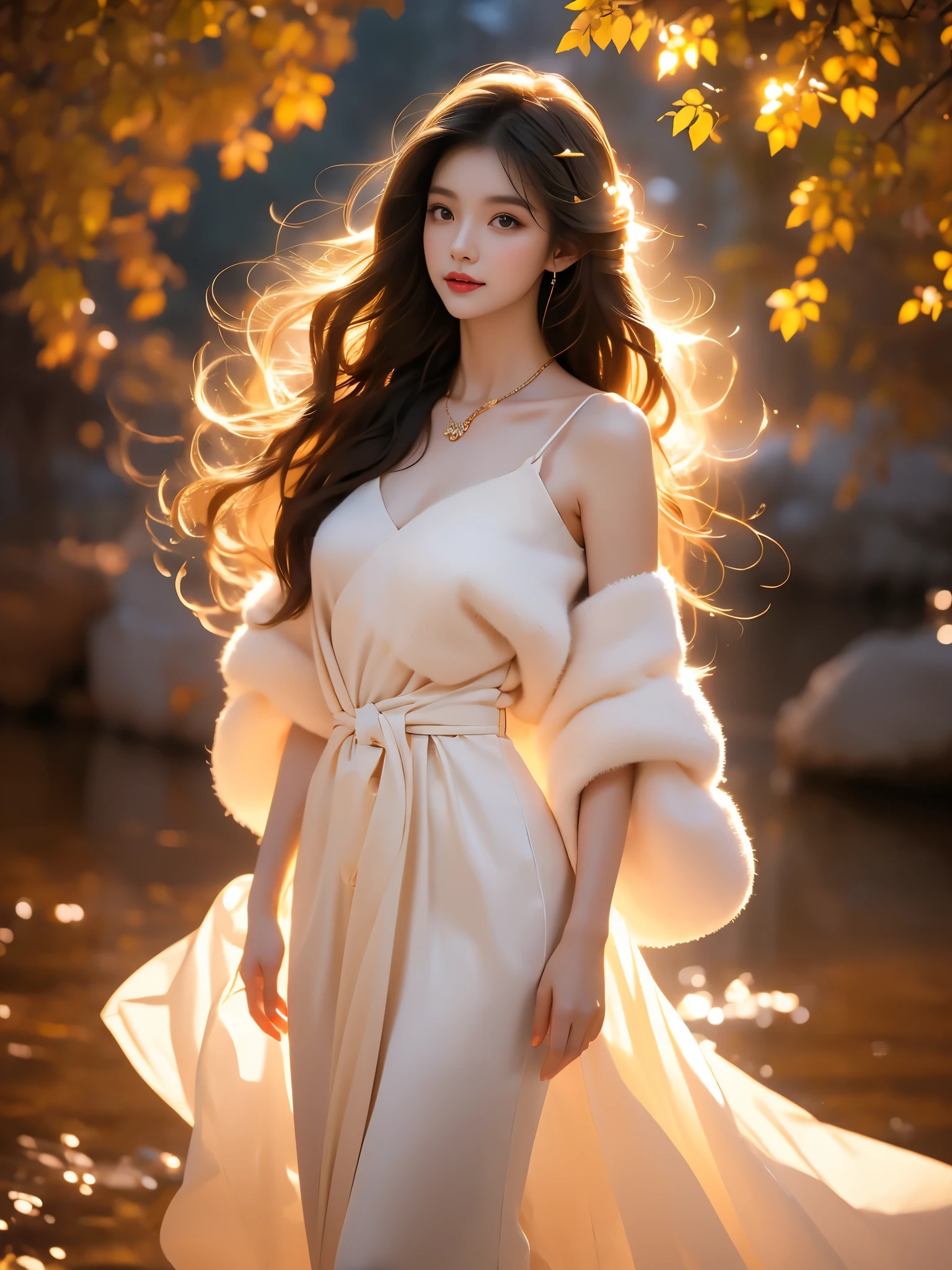 (Asian beauty, full body photo: 1.2), (night, starry sky, space scene), (slim athletic figure: 1.1), (visible cleavage: 0.8), (smooth skin, no deformities: 1.2), relaxed posture, Sexy long legs, head tilted, charming smile, hands gently lifted hemline, long shaggy hair flowing, delicate features: (large bright eyes, long eyelashes: 1.1), mouth slightly upturned, expression gentle and confident, (fidelity: 1.1) 1.2), high detail, soft lighting, warm tones