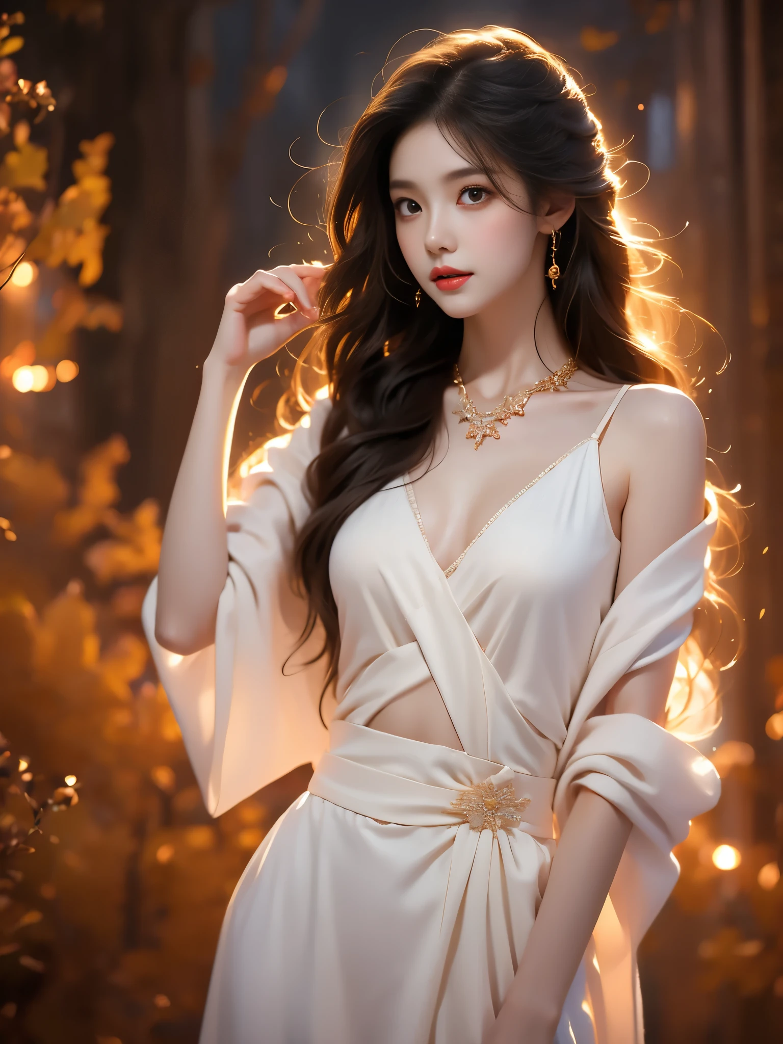 (Asian beauty, full body photo: 1.2), (night, starry sky, space scene), (slim athletic figure: 1.1), (visible cleavage: 0.8), (smooth skin, no deformities: 1.2), relaxed posture, Sexy long legs, head tilted, charming smile, hands gently lifted hemline, long shaggy hair flowing, delicate features: (large bright eyes, long eyelashes: 1.1), mouth slightly upturned, expression gentle and confident, (fidelity: 1.1) 1.2), high detail, soft lighting, warm tones