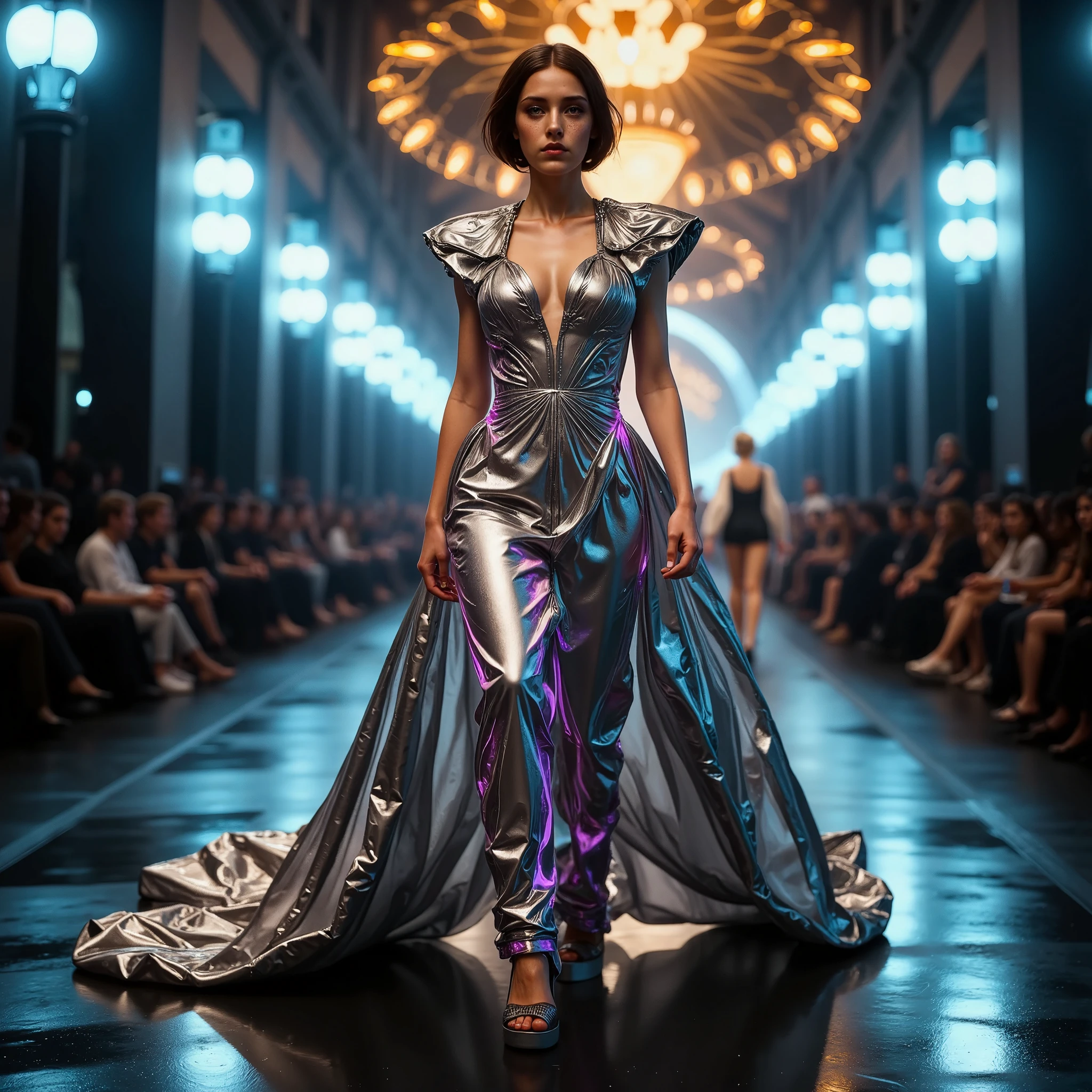 Ultra-detailed, breathtaking scene of a model walking down a futuristic fashion show runway. The focus is entirely on the model, wearing an avant-garde, stunning gown that blends art and fashion. The dress is crafted from metallic silver fabric that flows like liquid, but with exaggerated, sculptural elements that create bold, asymmetrical shapes around her silhouette. Dramatic, geometric cutouts and layered panels give the gown a unique structure, shifting between rigid architectural lines and flowing, fluid motion as she walks (gown:1.5).

The gown is adorned with intricate, glowing accents that shift colors—soft blues, purples, and pinks—pulsating in sync with her movements, creating a mesmerizing, otherworldly effect under the bright runway lights. Sharp angles and sweeping curves create a contrast between sleek futurism and organic flow, with sections of the gown expanding and retracting like a living piece of art. Her confident stride is highlighted by the avant-garde design, which cinches at the waist with futuristic detailing before cascading into a voluminous, multi-layered train that almost seems to defy gravity.

The runway lighting creates a dramatic spotlight effect, making the metallic surfaces and glowing elements of the dress sparkle and shimmer, while the background remains softly blurred with subtle neon hues, keeping all attention on the model and her daring, avant-garde ensemble. Ultra-detailed, 8K quality, with no distractions, focusing entirely on the model and the intricate design of her cutting-edge attire. [background lights, runway blur].