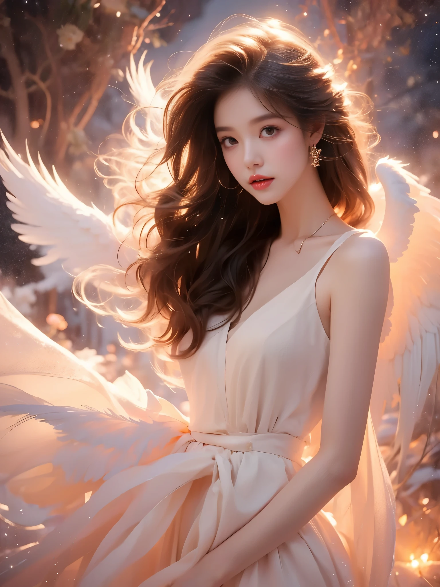 angel , (Asian beauty, full body photo: 1.2), (night, starry sky, space scene), (slim athletic figure: 1.1), (visible cleavage: 0.8), (smooth skin, no deformities: 1.2), relaxed posture, Sexy long legs, head tilted, charming smile, hands gently lifted hemline, long shaggy hair flowing, delicate features: (large bright eyes, long eyelashes: 1.1), mouth slightly upturned, expression gentle and confident, (fidelity: 1.1) 1.2), high detail, soft lighting, warm tones