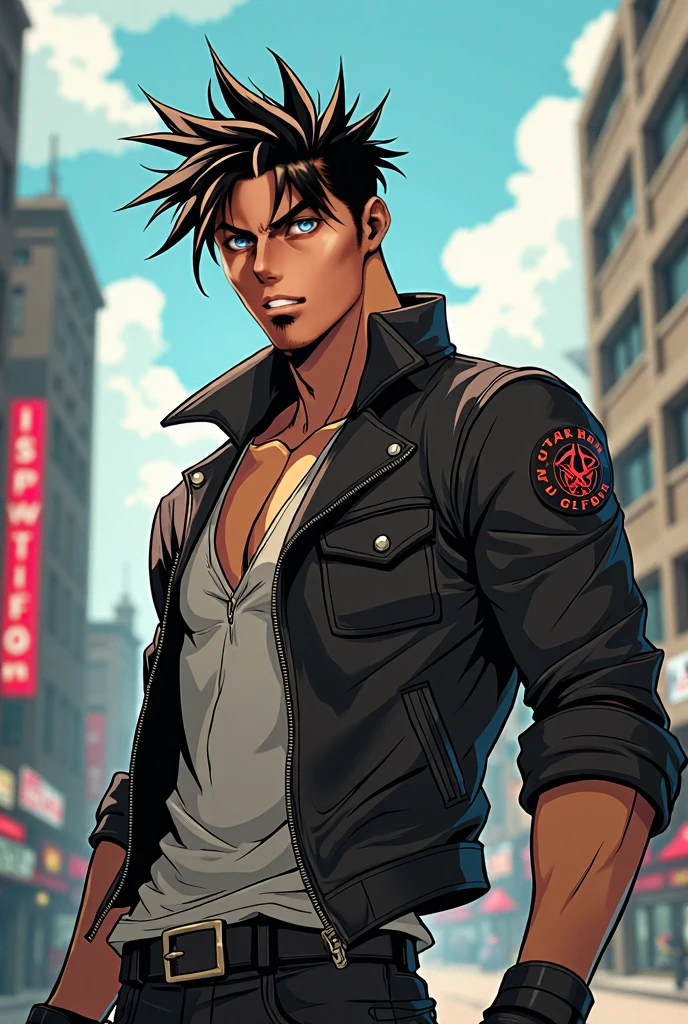 1boy, detailed face, detailed eyes, dark-skinned male, black hair, wolfcut hair, red eyes, black jacket, leather jacket, black tanktop, black jeans, muscular male, outdoors, city, night