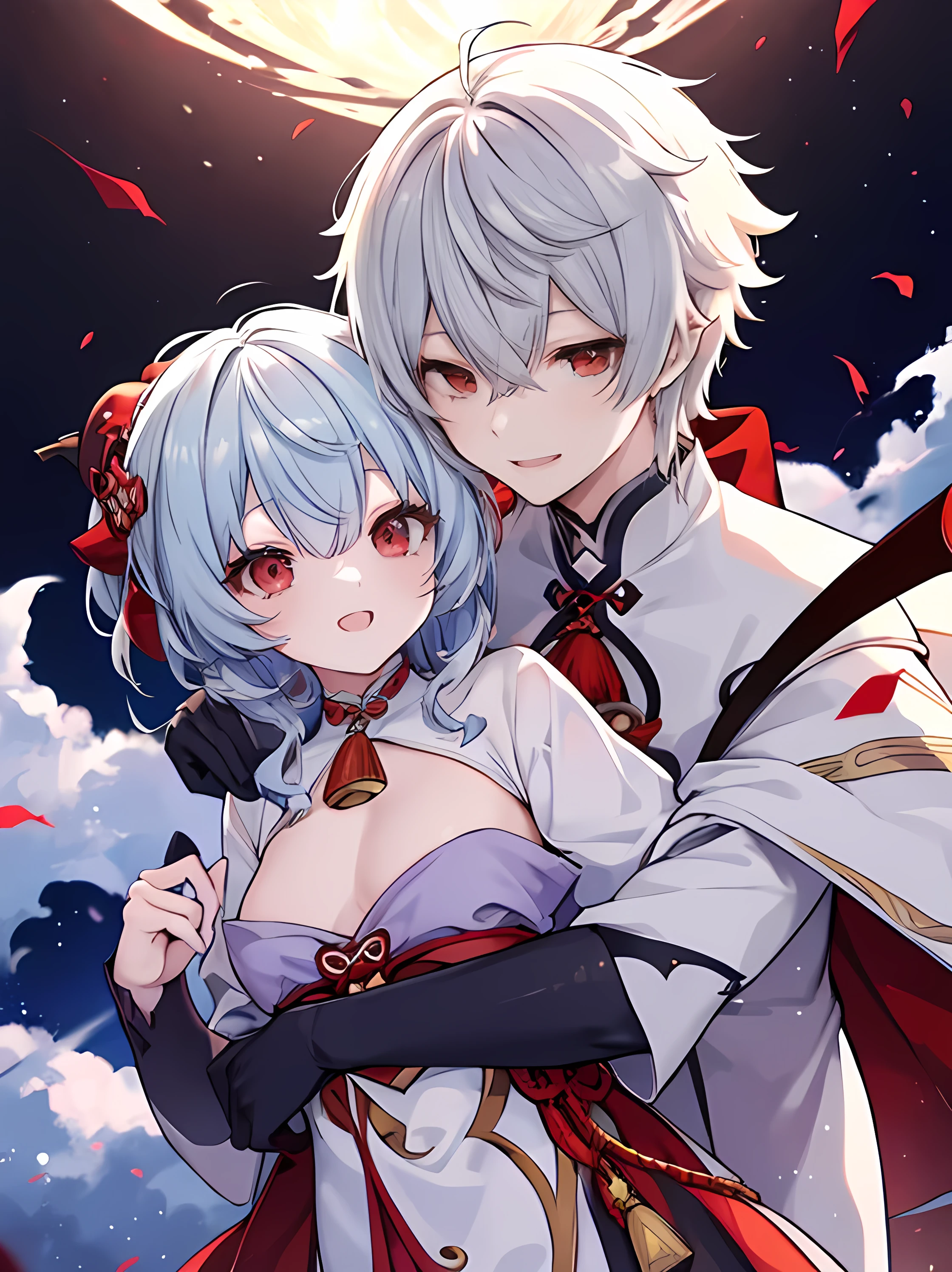 2person, holding each other, ((Nijisanji Kuzu))、Nijisanji、Vampire、​masterpiece、4K works、Short-haired man with gray hair、Vampire Man、Vampire costume、Fangs grow、Beautiful anime works、animesque、Grinning expression, Kuzu holding ganyu genshin impact, ganyu light blue hair, ganyu holding kuzuha kuzu, ganyu genshin impact, hug, hugs, cute girl