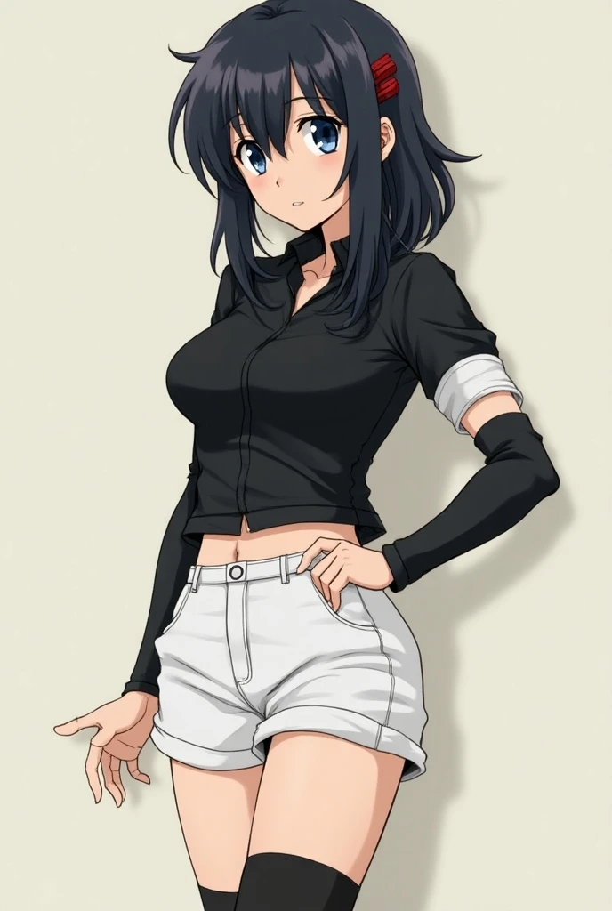 girl, choker, high ponytail, red eyes, black hair, long hair, gradient eyes, midriff, perfect skin, perfect lighting, simple white background, seductive smile, blush, loose shirt, v neck, t shirt, long sleeves, cropped whirt, jean shorts, extremely detailed eyes, crystalline eyes, collarbone, head tilt, skinny, slim, long eyelashes, thighs, skindentation,
<lora:ldz1:0.9>