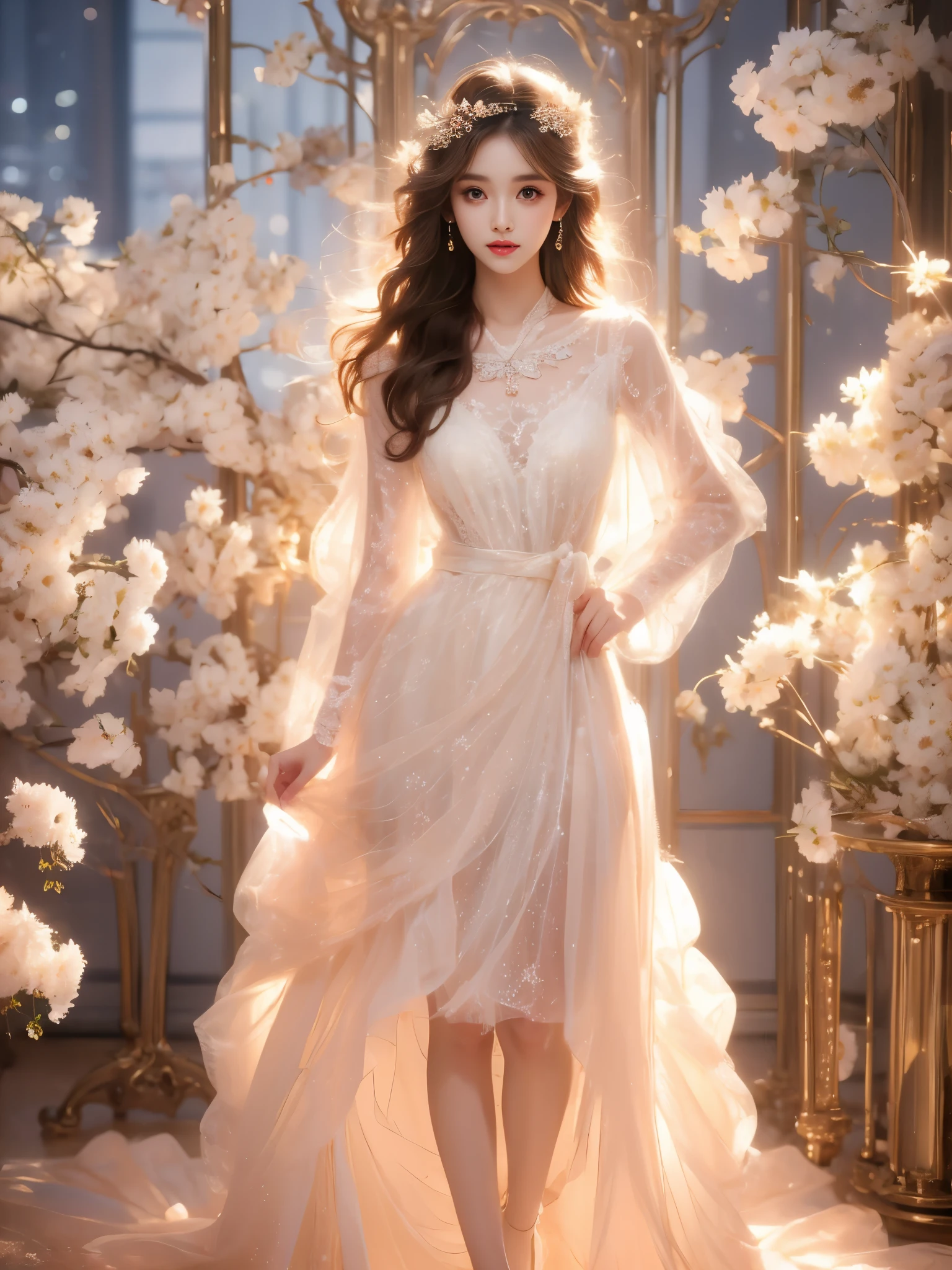 dress, bouffont dress, transparent long sleeves, daisies, cherry, , (Asian beauty, full body photo: 1.2), (night, starry sky, space scene), (slim athletic figure: 1.1), (visible cleavage: 0.8), (smooth skin, no deformities: 1.2), relaxed posture, Sexy long legs, head tilted, charming smile, hands gently lifted hemline, long shaggy hair flowing, delicate features: (large bright eyes, long eyelashes: 1.1), mouth slightly upturned, expression gentle and confident, (fidelity: 1.1) 1.2), high detail, soft lighting, warm tones