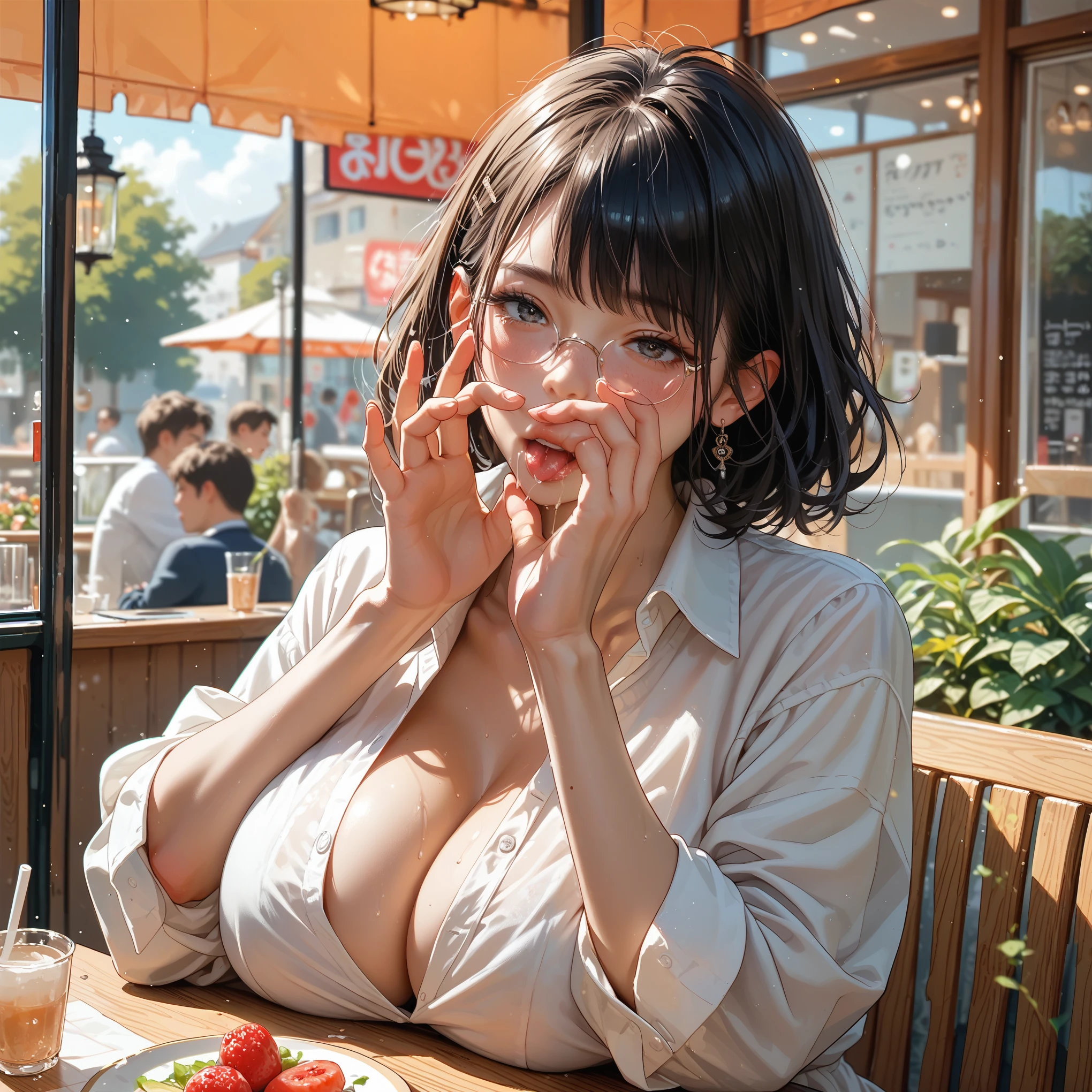 tomboy, solo, (very short hair, pixie cut, brown hair), circle-glasses, cute girl, perfect female body, big breasts, cleavage, toned stomach, Photo Realistic, Highest Quality, Ultra-High Resolution, RAW Photos, Realistic, Bright Lighting, Face Light, Smooth Professional Lighting, 1woman, 25yo, Beautiful Woman, Japanese Idols, Super Beauty, Realistic Skin, Realistic Skin, Realistic Eyes and Faces, Perfect Model Body Shape, Beautiful Eyes, Big Eyes, Inconspicuous Tear Bags, (((glasses))), glossy pink lips, slim, big breasts, very good, no makeup, beautiful fingers, brown hair, brown eyes, seems to be happy, (both ears are hidden by hair), Illustration of a girl in a restaurant with an ocean view, The character is wearing summery, refreshing clothes and sitting at a window seat., She is enjoying her meal with a relaxed expression, gazing at the beautiful sea stretching out beyond the window., Delicious looking food and drinks are lined up on the table, and in the background is the blue sea and sky with gentle waves lapping on the shore., anatomically correct, textured skin, super detail, high details, high quality