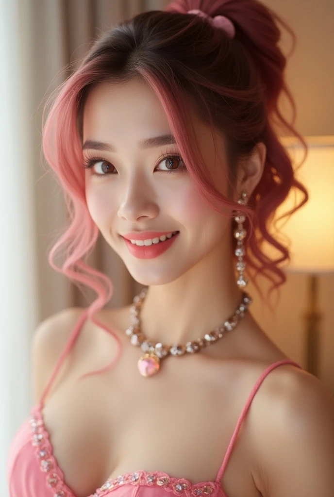 (highest quality、Tabletop、8k、Best image quality、Award-winning works)、One woman、Gal princess、(Pink blonde:1.1)、(Pink Hair:1.1)、Christmas decorated cityscape background、Christmas tree in the background、Christmas gifts on background、(Gorgeous white and gold dress:1.1)、(A top-notch dress with extremely intricate and beautiful decoration:1.1)、(The most extravagant and luxurious giant tiara:1.1)、(The most luxurious and luxurious giant necklace:1.1)、(The most extravagant and luxurious giant jewellery:1.1)、Spectacular Cinema Lighting、Cleavage、Voluptuous body、(Gorgeous Christmas present:1.1)、(Giant Christmas Tree:1.1)、(Gift Box with Ribbon:1.1)、Perfect Makeup、Long eyelashes、Beautiful lipstick、Big ample breasts、The happiest and biggest smile、ロマンティックなChristmas Nightの街、Gorgeous illumination、Delicate and intricate brilliance、Gorgeous Christmas streetscape、Snow piled up in the city、(It&#39;s snowing:1.1)、White Christmas、Romantic evening、Christmas Night、(Perfect Anatomy:1.1)、(幻想的でロマンティックなChristmas Night:1.1)、Soft and delicate light、Tyndall effect、Beautiful sparkling snow