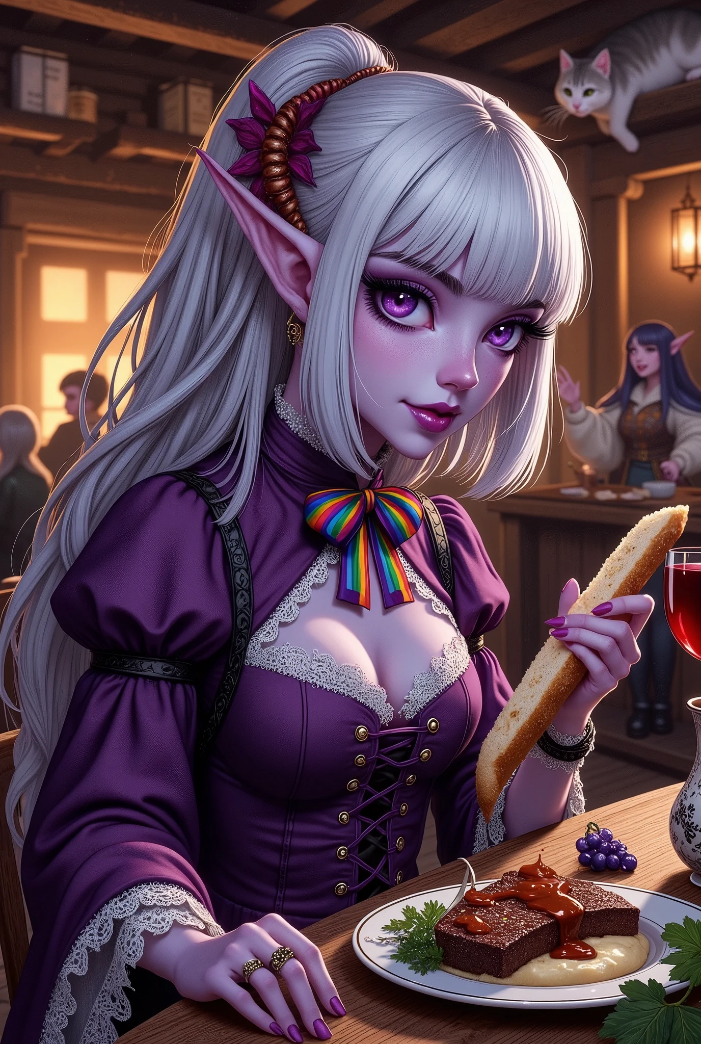 (Ultra-detailed face, Looking away, Fantasy Illustration with Gothic, Rich tone colors.), BREAK 
(A dark elf traveler woman sits and eats at the pub's well-worn, clean wooden table. On the table is a ceramic decanter and glass of wine, and with her hand she dips a baguette with the last remaining slice of steak on an oval platter into the steak sauce and mashed potatoes. She licks her tongue and looks happy.), BREAK 
(The dark elf woman wears a ruby red scorpion hair ornament and a fluffy ribbon tie in rainbow colors. She wears a Lolita fashion-style lace-up dress of dark grape-colored velour fabric with white lace trim. She wears black glossy sandals with bunches of grapes.), BREAK 
(A dark elf woman of a young age with pure white hair and eyebrows, blunt bangs, well-groomed hair reaching to her shoulders, small pink lips, dark purple skin, lavender eyes, and thick, dark eyeliner around her eyes.), BREAK 
(This is a bustling pub with cheerful cooks and cute waitresses in an elven forest in a magical world with medieval European-style traditions and worldview, where magic exists and magic and machines merge. The interior of the log cabin-like pub is redolent with the light of a fire burning furiously in the kitchen, and people in medieval-style costumes can be seen singing and dancing as they bustle about and dine. Above the bar, the pub's signature large cat lounges and relaxes.)