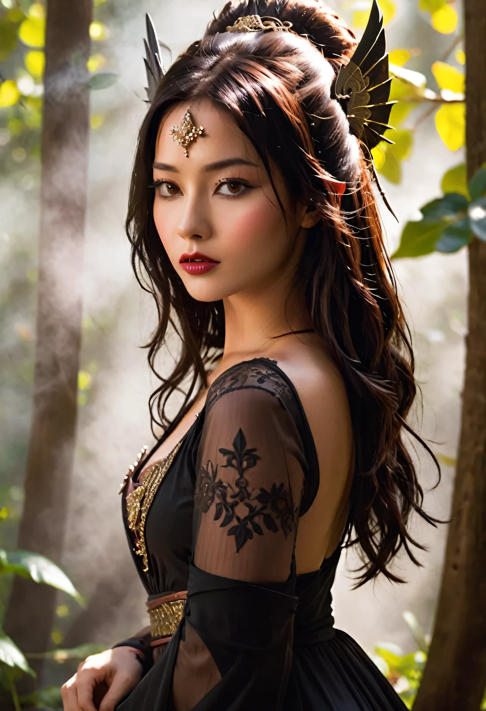 "Let your imagination run free, to portray the mysterious and charming Liandra ,  a powerful being with a dark past .  You'll portray her as a seductive charmer or a fierce warrior,Use your visual creativity ?"