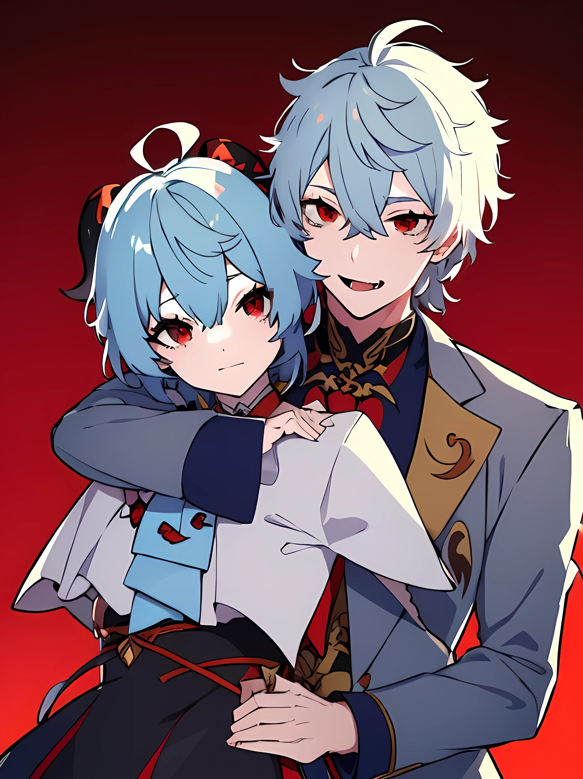 2person, holding each other, ((Nijisanji Kuzu))、Nijisanji、Vampire、​masterpiece、4K works、Short-haired man with gray hair、Vampire Man、Vampire costume、Fangs grow、Beautiful anime works、animesque、Grinning expression, Kuzu holding ganyu genshin impact, ganyu light blue hair, ganyu holding kuzuha kuzu, ganyu genshin impact, hug, hugs, cute girl