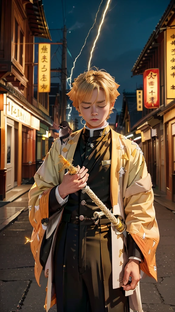 (((​master piece))),((Best Quality)),((((Town)))),Detailed,1boy,Solo,Resting, Yellow hair,Just a suit,Pants,Closed eyes,(((electricity))),katanas,holding swords,Bird, animal,animal on shoulder,hyperdetailed face,占い師