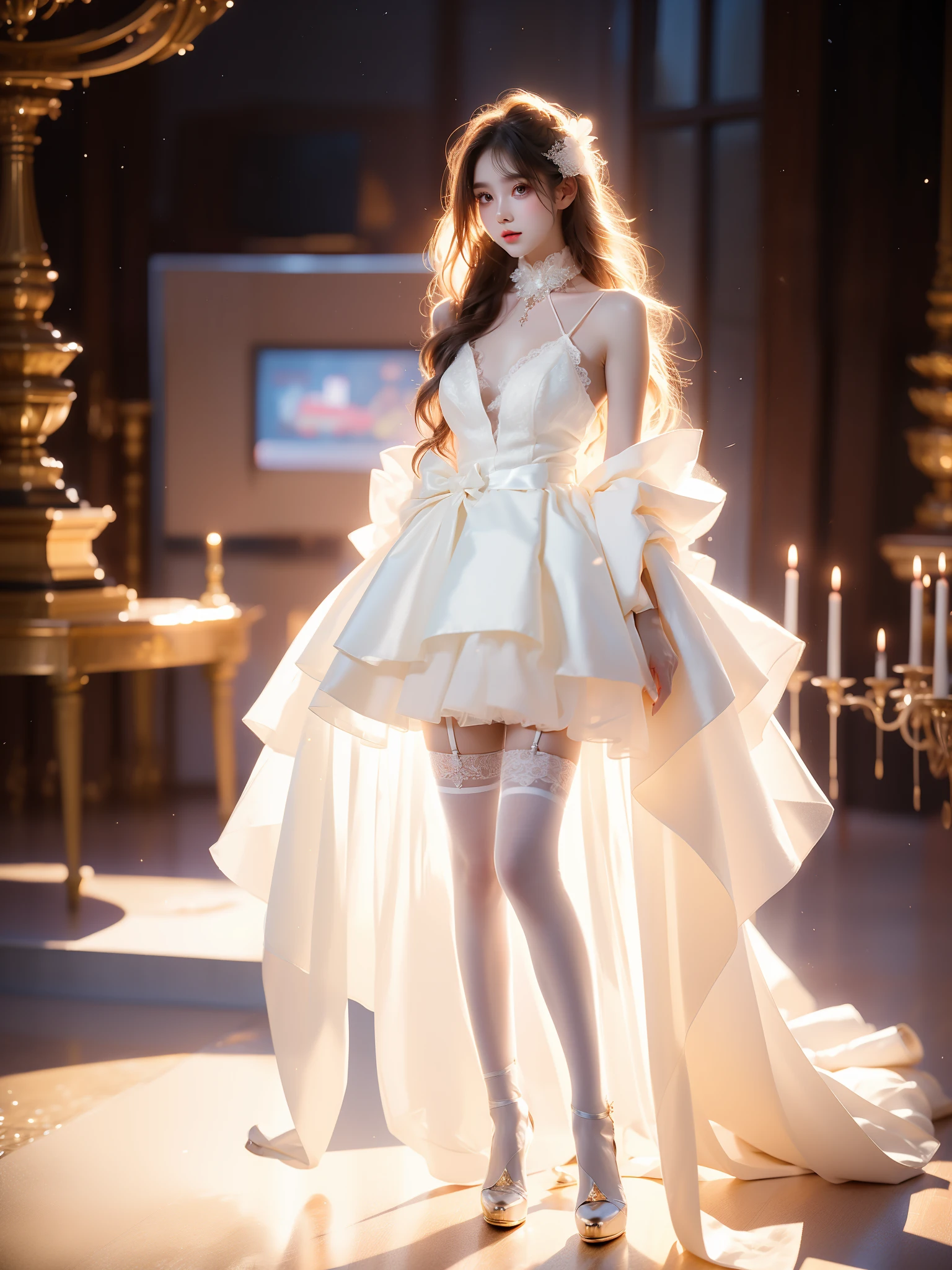 ruanyi0194-2,wedding dress,white thighhighs,hair ornament,white dress , (Asian beauty, full body photo: 1.2), (night, starry sky, space scene), (slim athletic figure: 1.1), (visible cleavage: 0.8), (smooth skin, no deformities: 1.2), relaxed posture, Sexy long legs, head tilted, charming smile, hands gently lifted hemline, long shaggy hair flowing, delicate features: (large bright eyes, long eyelashes: 1.1), mouth slightly upturned, expression gentle and confident, (fidelity: 1.1) 1.2), high detail, soft lighting, warm tones