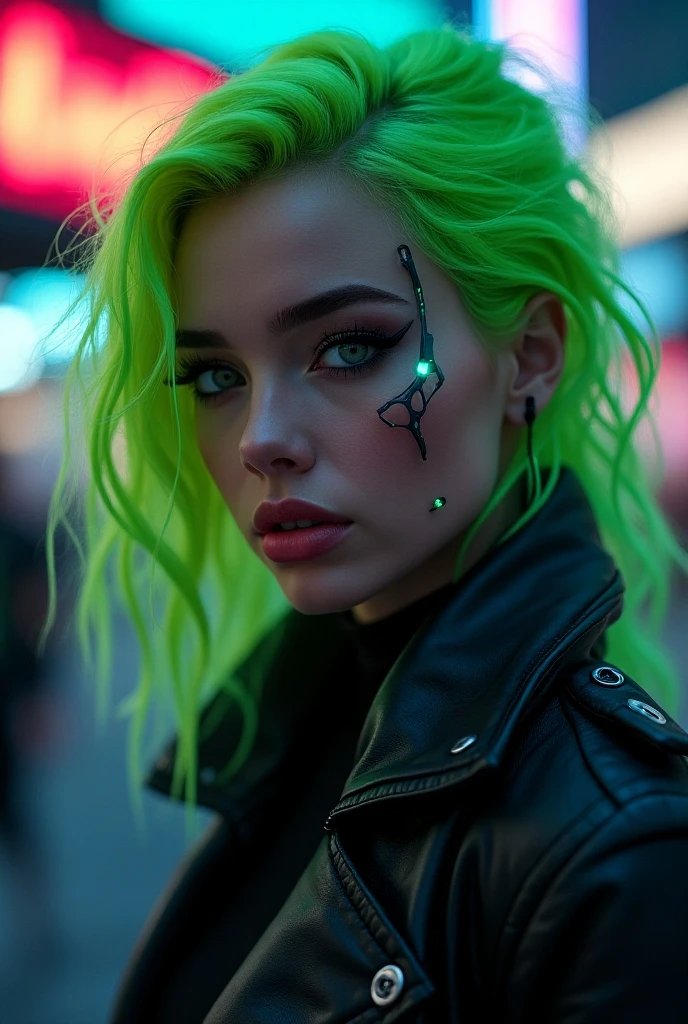 cyberpunk girl, dark skin, fluorescent green hair, leather jacket, detailed face, beautiful eyes, detailed nose and lips, intricate cybernetic implants, neon city background, glowing neon lights, dynamic pose, realistic lighting, cinematic composition, dramatic shadows, vibrant colors, hyper detailed, 8k, photorealistic