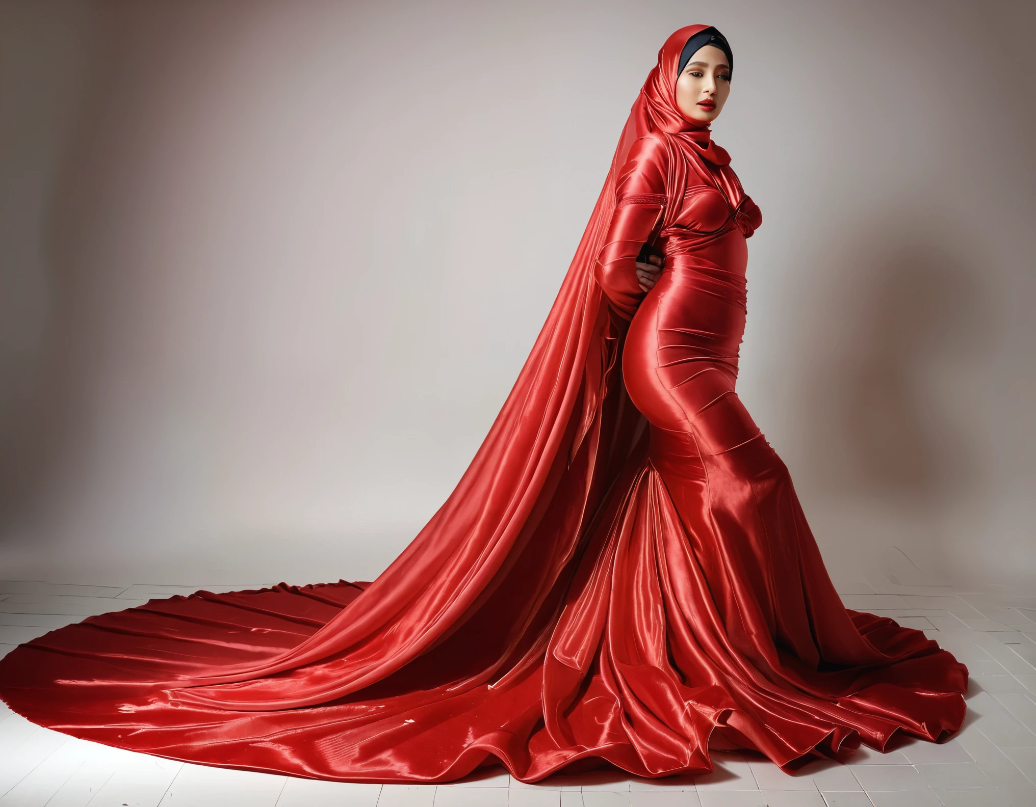 A woman shrouded in a 10-meter-long, plush red semi transparent satin shimmer cloth, slim body with big breast, tightly bound and grandly draping along the form of her body, flowing off into a pooled floor-length train, styled in a mermaid-inspired outfit, her head modestly veiled in a satin hijab, tall woman, strugle to move, standing in photo studio, a full-body pose conveying a sense of mysterious elegance, captured in a 4k resolution, ultra-realistic