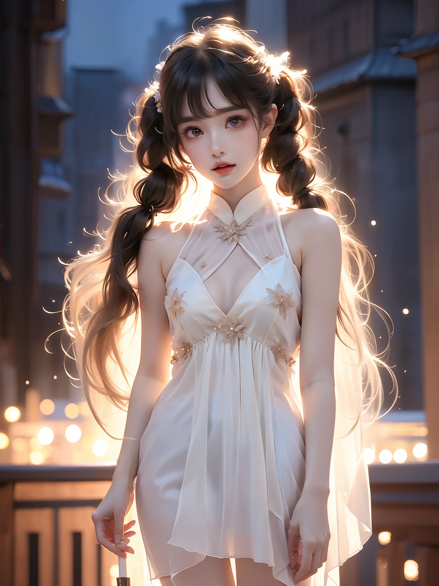 1girl,brown hair,twintails,holding straight staff, (Asian beauty, full body photo: 1.2), (night, starry sky, space scene), (slim athletic figure: 1.1), (visible cleavage: 0.8), (smooth skin, no deformities: 1.2), relaxed posture, Sexy long legs, The hemlines are short, head tilted, charming smile, hands gently lifted hemline, long shaggy hair flowing, delicate features: (large bright eyes, long eyelashes: 1.1), mouth slightly upturned, expression gentle and confident, (fidelity: 1.1) 1.2), high detail, soft lighting, warm tones