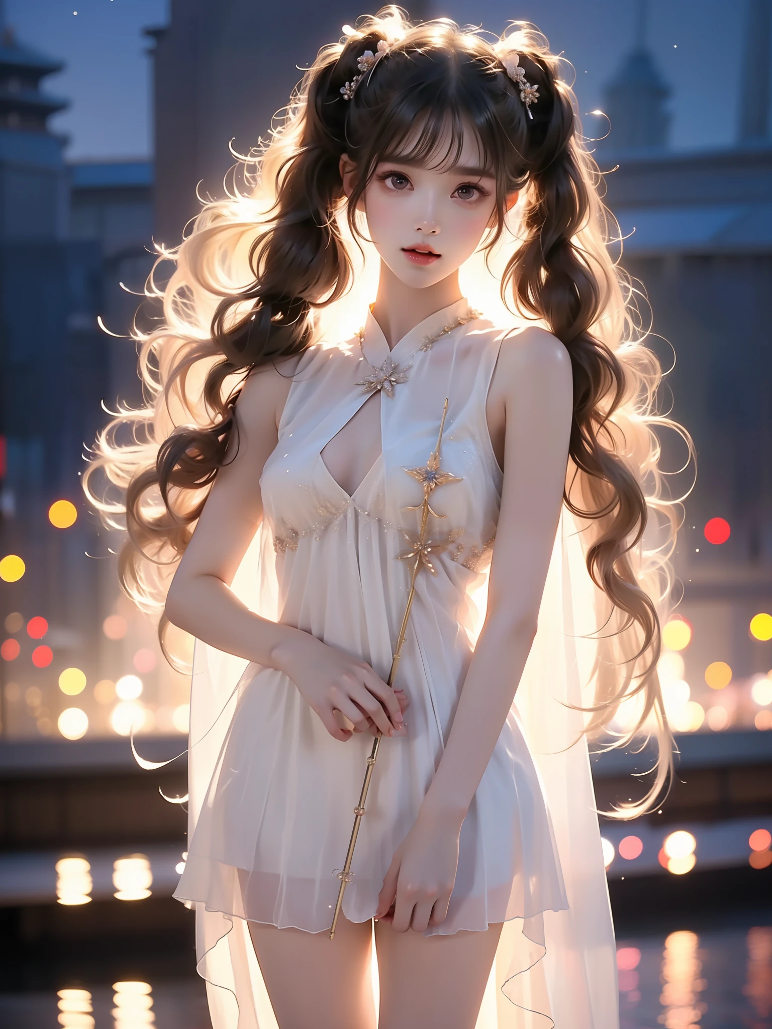 1girl,brown hair,twintails,holding straight staff, (Asian beauty, full body photo: 1.2), (night, starry sky, space scene), (slim athletic figure: 1.1), (visible cleavage: 0.8), (smooth skin, no deformities: 1.2), relaxed posture, Sexy long legs, The hemlines are short, head tilted, charming smile, hands gently lifted hemline, long shaggy hair flowing, delicate features: (large bright eyes, long eyelashes: 1.1), mouth slightly upturned, expression gentle and confident, (fidelity: 1.1) 1.2), high detail, soft lighting, warm tones