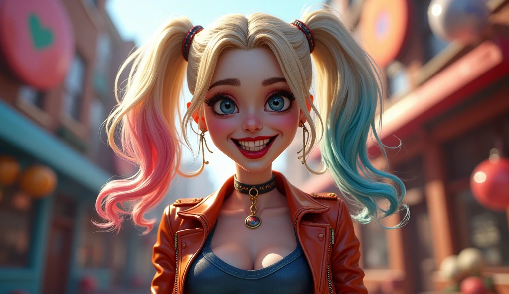 A (((caricature art, comic style ))) of Harley Quinn in dynamic pose, big head, exaggerated features with a large nose and big Red eyes, angry face, big head, little Hot body. ultra highly detailed, beautiful details, vivid, saturated colors, filigree detailed, tiny details, pop surrealism, cowboy shot. ((Blast cyberpunk city background ))