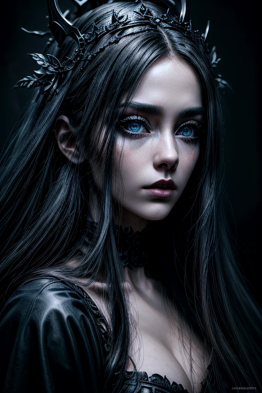 1 European gothic woman, pretty face, long straight hair, ultra detailed face and eyes, hyperrealistic, realistic representation, 30 years old, she is wearing black gothic clothing