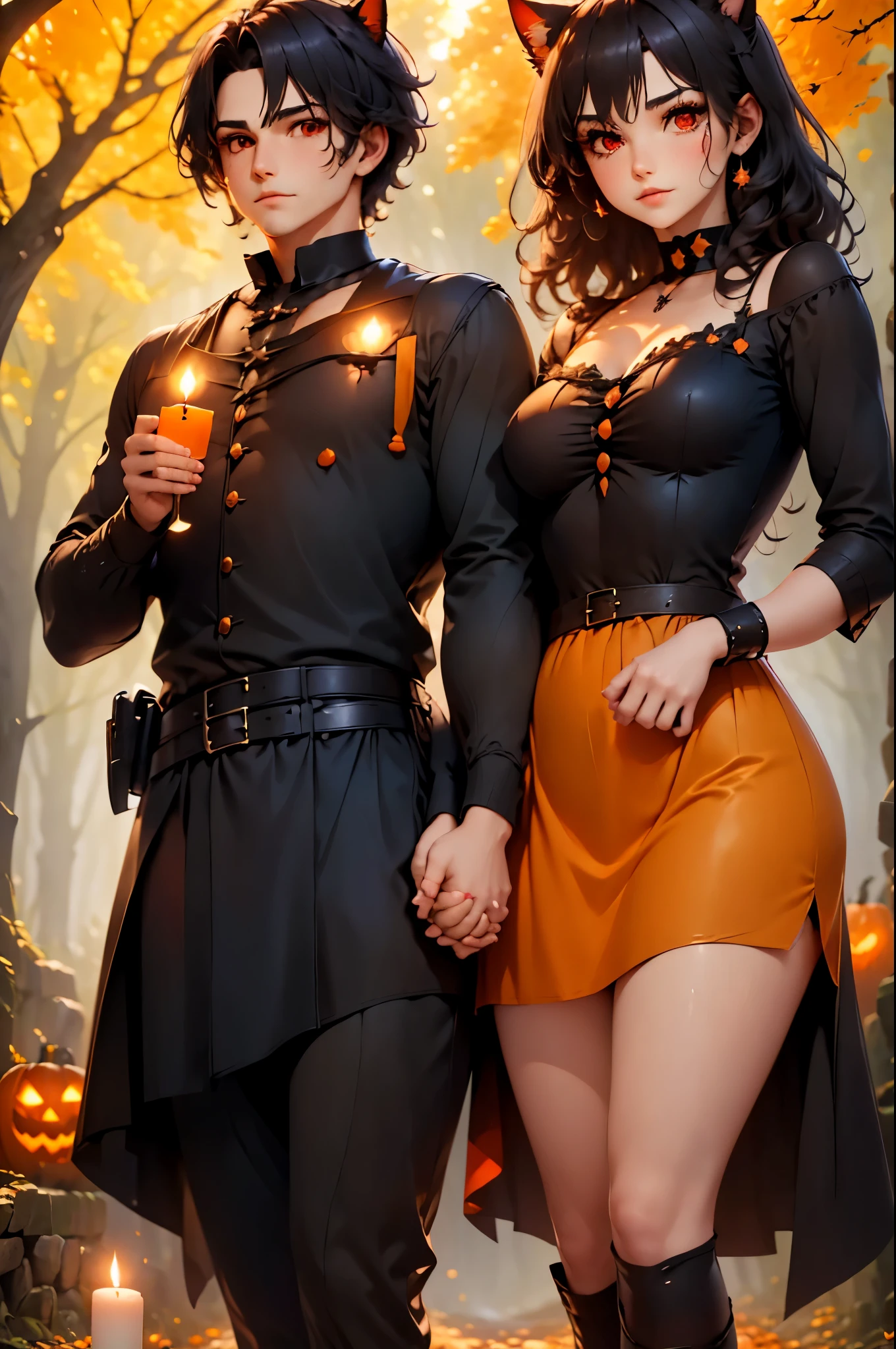  a couple holding hands the boy is Neocruz black hair, brown eyes. y la chica es black hair, cat ears, red eyes, on a path through the woods with pumpkins ., fog,  autumnal landscape , sunlight filtering through the fog and branches, ((Halloween theme, candles, officer, night))