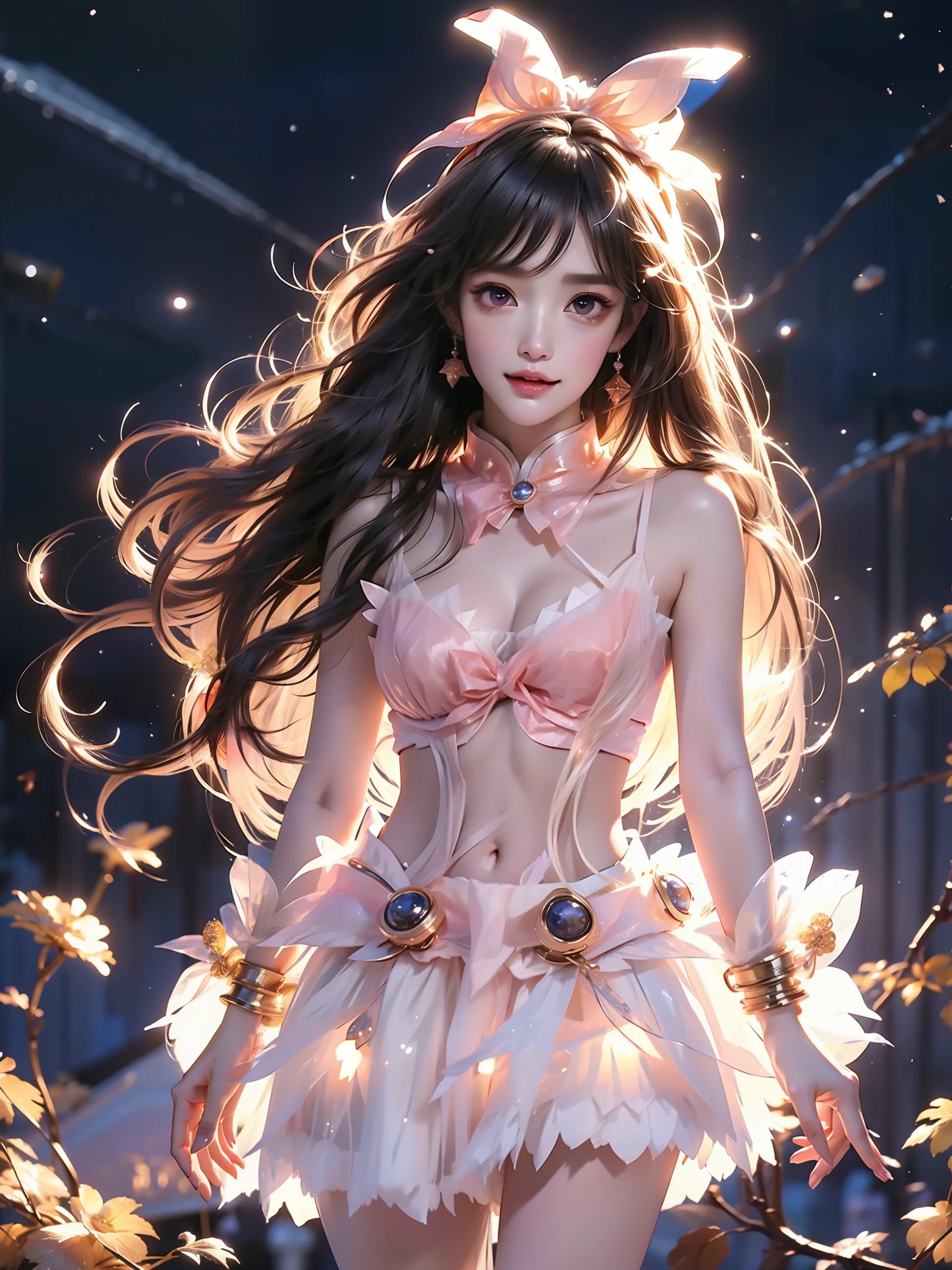 tohkacos,tohkaastral, (Asian beauty, full body photo: 1.2), (night, starry sky, space scene), (slim athletic figure: 1.1), (visible cleavage: 0.8), (smooth skin, no deformities: 1.2), relaxed posture, Sexy long legs, The hemlines are short, head tilted, charming smile, hands gently lifted hemline, long shaggy hair flowing, delicate features: (large bright eyes, long eyelashes: 1.1), mouth slightly upturned, expression gentle and confident, (fidelity: 1.1) 1.2), high detail, soft lighting, warm tones