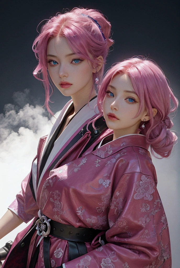 realistic, 2women, 1 woman (PINK hair), 1 woman (BLACK hair), red eyes, bright eyes, oriental clothing, skirt, lips parted, blush, flower, sun, sunlight, earrings, smile, sweet pose, confident look, YAE MIKO, KUJOU SARA
