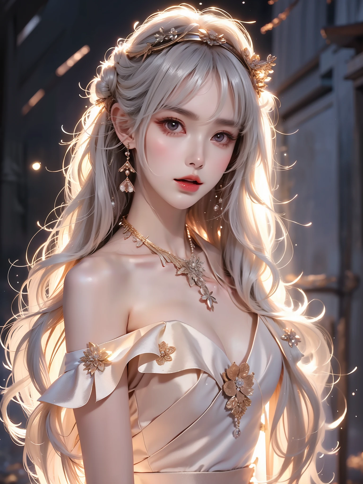 1girl,silver hair,off shoulder,red eyes,long hair,double bun,hair ornament,necklace,, (Asian beauty, full body photo: 1.2), (night, starry sky, space scene), (slim athletic figure: 1.1), (visible cleavage: 0.8), (smooth skin, no deformities: 1.2), relaxed posture, Sexy long legs, The hemlines are short, head tilted, charming smile, hands gently lifted hemline, long shaggy hair flowing, delicate features: (large bright eyes, long eyelashes: 1.1), mouth slightly upturned, expression gentle and confident, (fidelity: 1.1) 1.2), high detail, soft lighting, warm tones