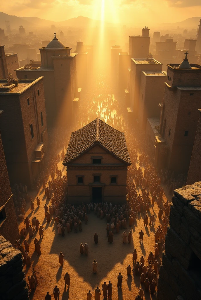 A bird's eye view of an ancient city, with stone buildings and streets crowded with people. In the center of the image, a simple house surrounded by a crowd. The roof of the house is being opened, with beams of golden light piercing through the clouds and highlighting the scene.