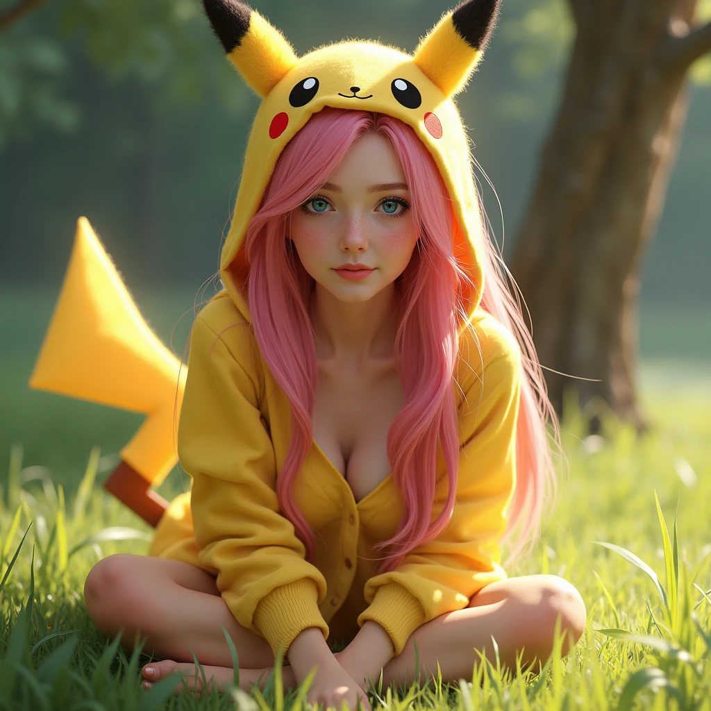 (awaitingtongue-sd-v1-800:1.1), a beautiful Pink hair gamer girl,beautiful detailed Blue eyes,beautiful detailed lips,extremely detailed eyes and face,longeyelashes,in a ((Pikachu Yellow hoodie)),leaning into the camera,(Professional photo from above:1.37), Huge breasts (Overflowing Gigantic cleavage:1.28) down blouse, awaitingtongue, (perfect lighting )