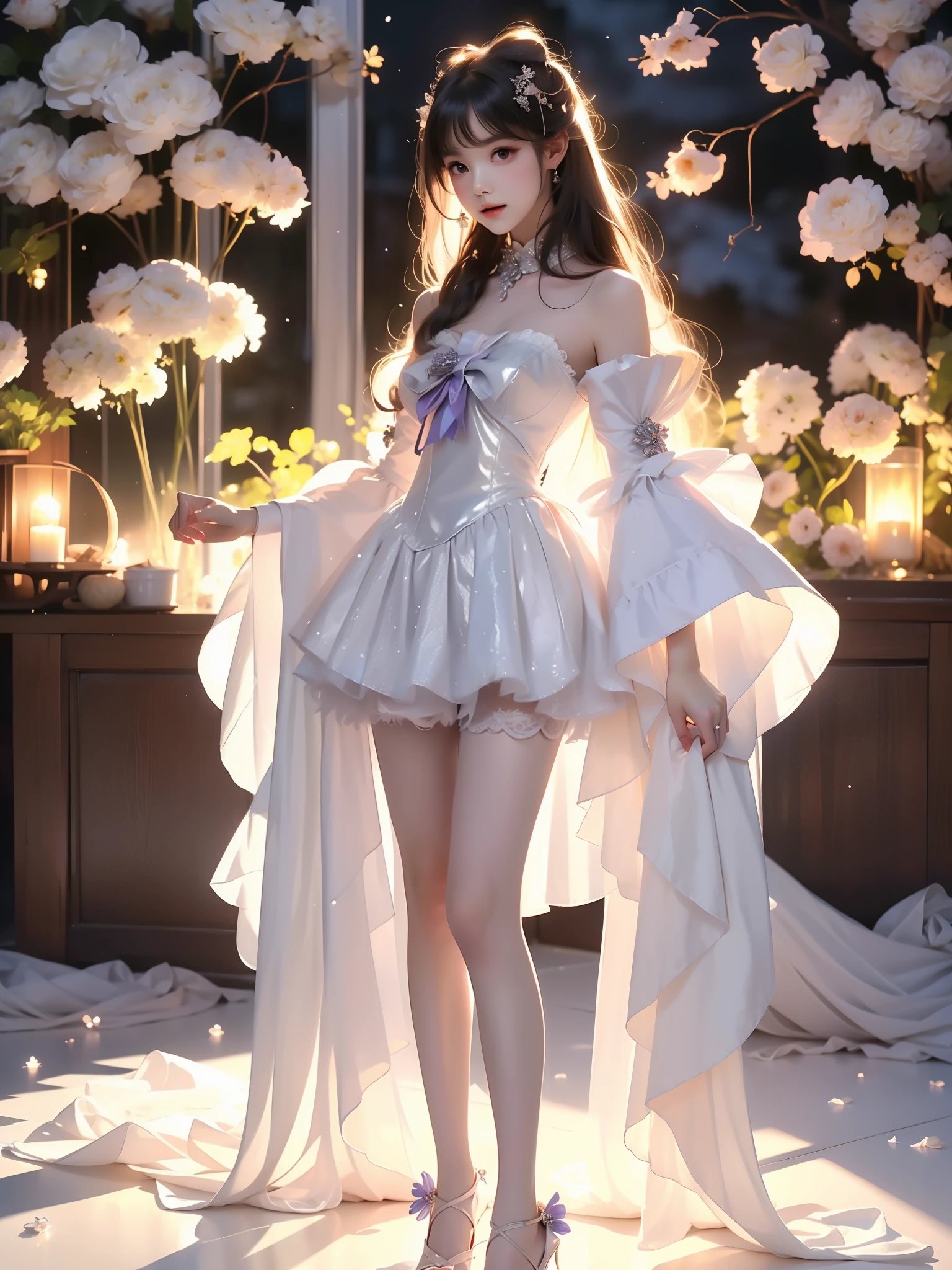 sangonomiya kokomi,hair ornament,white pantyhose,white half gloves,frilled sleeves,bow-shaped hair,bow,detached collar,sandals,white panties,1girl,solo,widesleeves,longhair,purple eyes, (Asian beauty, full body photo: 1.2), (night, starry sky, space scene), (slim athletic figure: 1.1), (visible cleavage: 0.8), (smooth skin, no deformities: 1.2), relaxed posture, Sexy long legs, The hemlines are short, head tilted, charming smile, hands gently lifted hemline, long shaggy hair flowing, delicate features: (large bright eyes, long eyelashes: 1.1), mouth slightly upturned, expression gentle and confident, (fidelity: 1.1) 1.2), high detail, soft lighting, warm tones