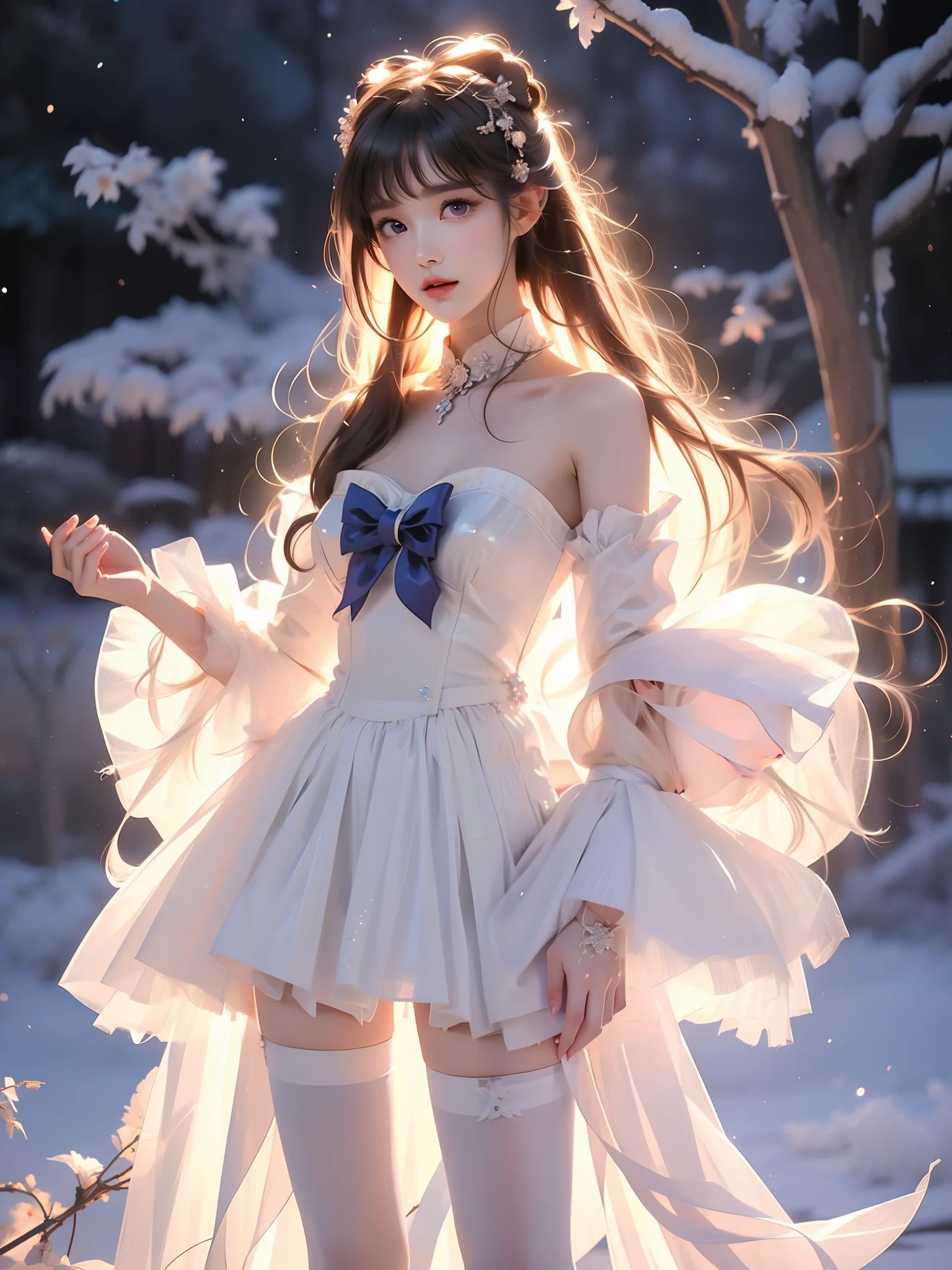 sangonomiya kokomi,hair ornament,white pantyhose,white half gloves,frilled sleeves,bow-shaped hair,bow,detached collar,sandals,white panties,1girl,solo,widesleeves,longhair,purple eyes, (Asian beauty, full body photo: 1.2), (night, starry sky, space scene), (slim athletic figure: 1.1), (visible cleavage: 0.8), (smooth skin, no deformities: 1.2), relaxed posture, Sexy long legs, The hemlines are short, head tilted, charming smile, hands gently lifted hemline, long shaggy hair flowing, delicate features: (large bright eyes, long eyelashes: 1.1), mouth slightly upturned, expression gentle and confident, (fidelity: 1.1) 1.2), high detail, soft lighting, warm tones