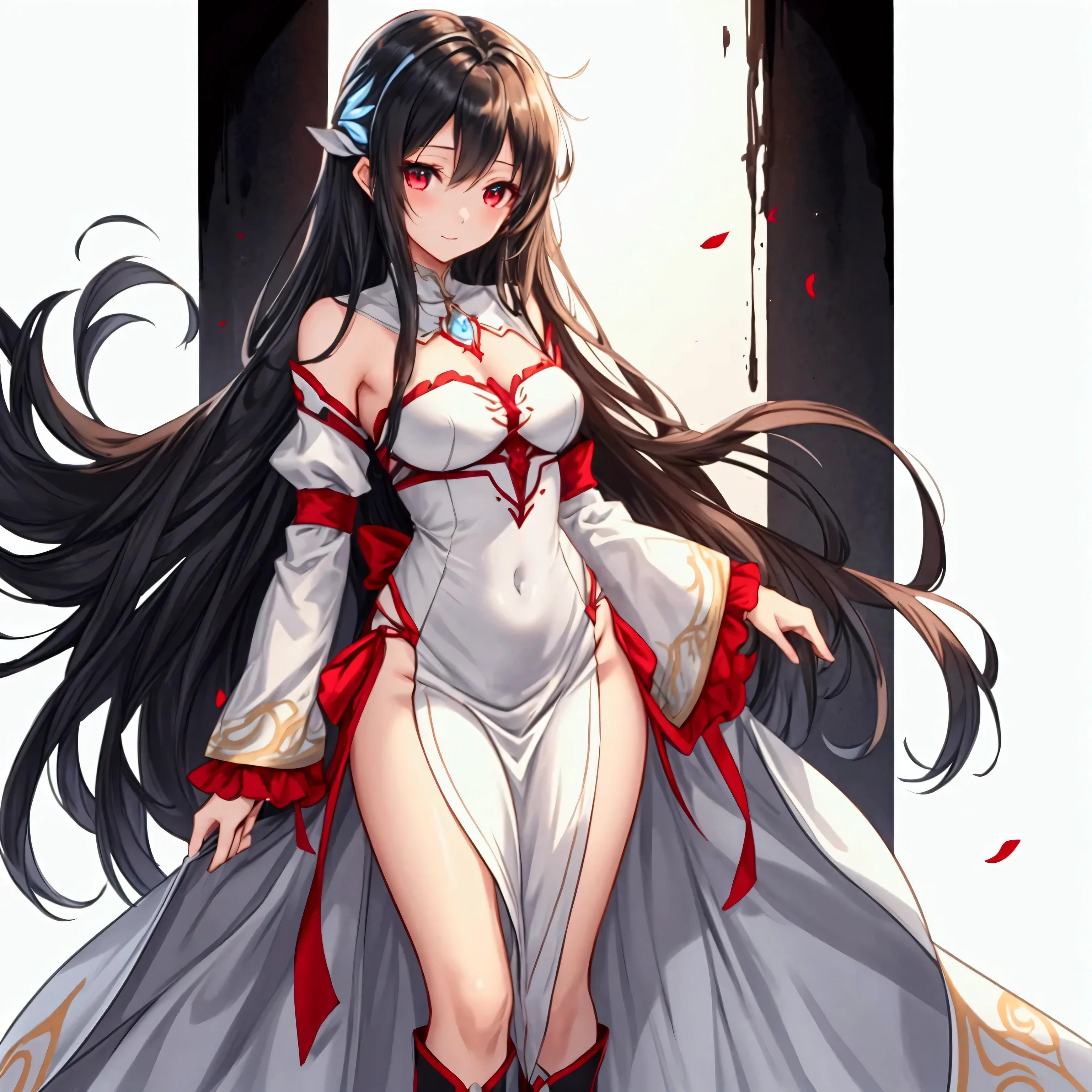 "A slender woman with long, flowing black hair, standing at 160 cm tall, weighing 45 kg, with a petite chest. Her eyes are a soft, pale blue, giving her a mysterious aura. She is wearing an outfit inspired by Asuna from SAO, featuring a sleek and elegant white dress with red and silver armor-like accents. The outfit includes intricate details, such as a fitted bodice, red ribbons, and metallic designs on the sleeves and boots, giving her a warrior-like yet graceful appearance. The image is rendered in ultra-high quality, capturing every fine detail with stunning clarity, from the delicate folds of the fabric to the shining armor pieces."