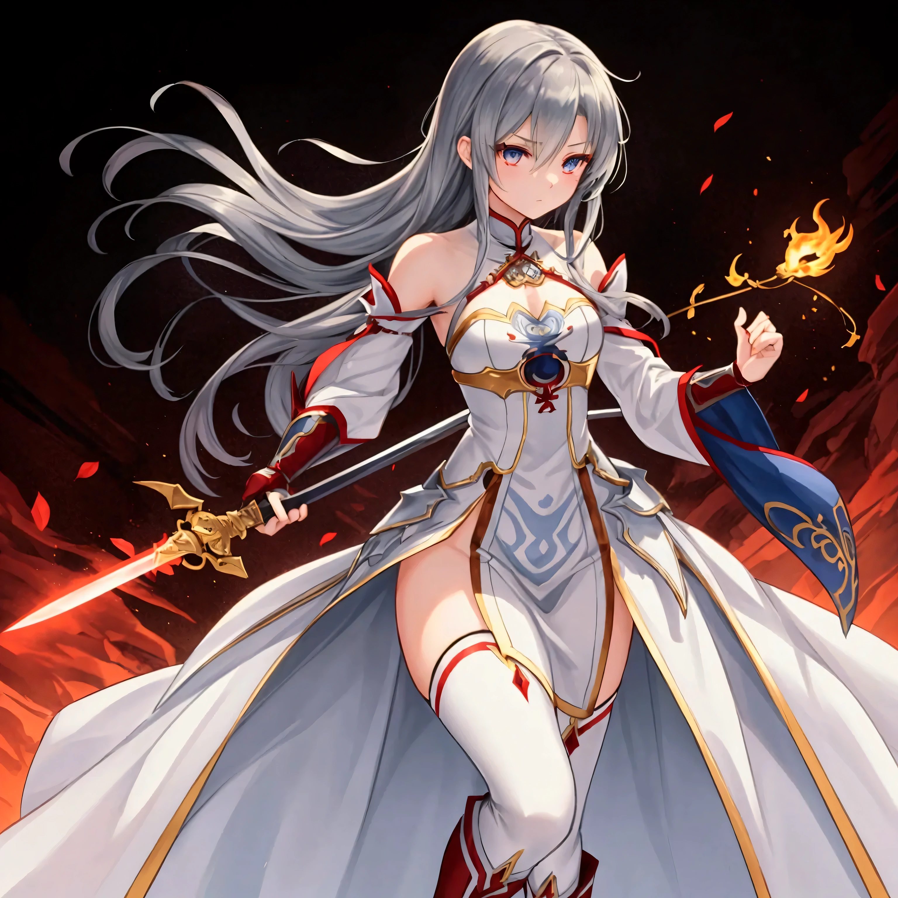 "A slender woman with long, flowing black hair, standing at 160 cm tall, weighing 45 kg, with a petite chest. Her eyes are a soft, pale blue, giving her a mysterious aura. She is wearing an outfit inspired by Asuna from SAO, featuring a sleek and elegant white dress with red and silver armor-like accents. The outfit includes intricate details, such as a fitted bodice, red ribbons, and metallic designs on the sleeves and boots, giving her a warrior-like yet graceful appearance. In her hand, she holds a beautifully crafted rapier, inspired by Asuna’s weapon from SAO. The rapier features an intricate hilt with silver and blue accents, and the blade is long, slender, and razor-sharp, catching the light as it moves. The crossguard is delicately carved, with ornate patterns running down to the handle, offering both elegance and functionality. She is posed mid-action, swinging the sword with precision and grace, her body turning dynamically as the blade cuts through the air, leaving a trail of energy behind. The background depicts a dimly lit, ancient temple, with flickering torches casting shadows on weathered stone walls, adding a sense of mystery and depth to the scene. The image is rendered in ultra-high quality, capturing every fine detail with stunning clarity, from the flowing movement of her dress and hair to the shining armor pieces, and the precise, glowing effect of the rapier in motion."