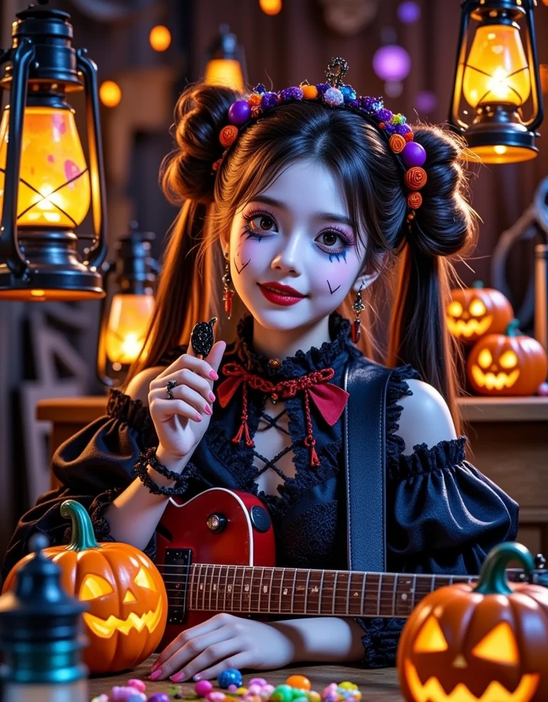  A young girl with an electric guitar ， On a dimly lit Halloween night ，Sitting in a cafe drinking coffee， The streets are full of energy ， The whole scene presents a magical Halloween scene ， The whole scene has a fantastic atmosphere ，Photo photography style， The scene uses bold “Halloween” neon lights，Character lighting，Fairytale romance，Starry sky，High quality，Ultra-detailed，Bright colors，Magical and enchanting ，Realistic style