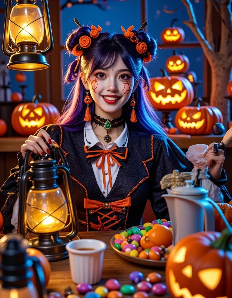  A young girl with an electric guitar ， On a dimly lit Halloween night ，Sitting in a cafe drinking coffee， The streets are full of energy ， The whole scene presents a magical Halloween scene ， The whole scene has a fantastic atmosphere ，Photo photography style， The scene uses bold “Halloween” neon lights，Character lighting，Fairytale romance，Starry sky，High quality，Ultra-detailed，Bright colors，Magical and enchanting ，Realistic style