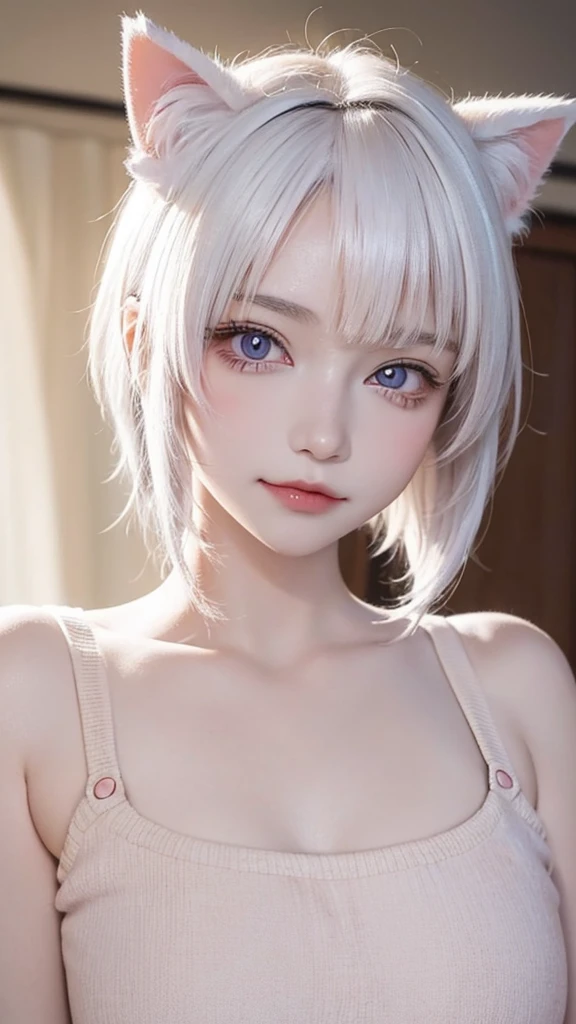 ((high quality)),Tabletop,(Detailed depiction of the local area:1.2),1 Japanese girl,(Ample breasts:1.3),Enchanted Valley,Mouth closed,eyelash,Looking at the audience,Portraiture,alone,Upper Body,Gray Hair,White Theme,short hair,Silver Hair,Yoruhano. 2 Type B,