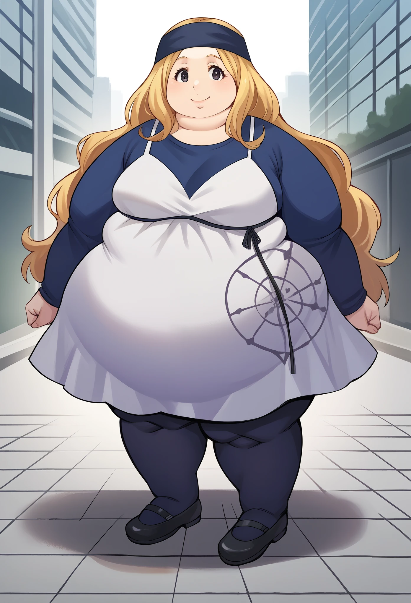 score_9, score_8_up, score_7_up, source_anime BREAK 1girl, solo,   chihayap5, very long hair, blonde hair, headband, shirt, dress, black pantyhose, looking at viewer, smile, standing, city, shinjuku, fat, chubby, obese