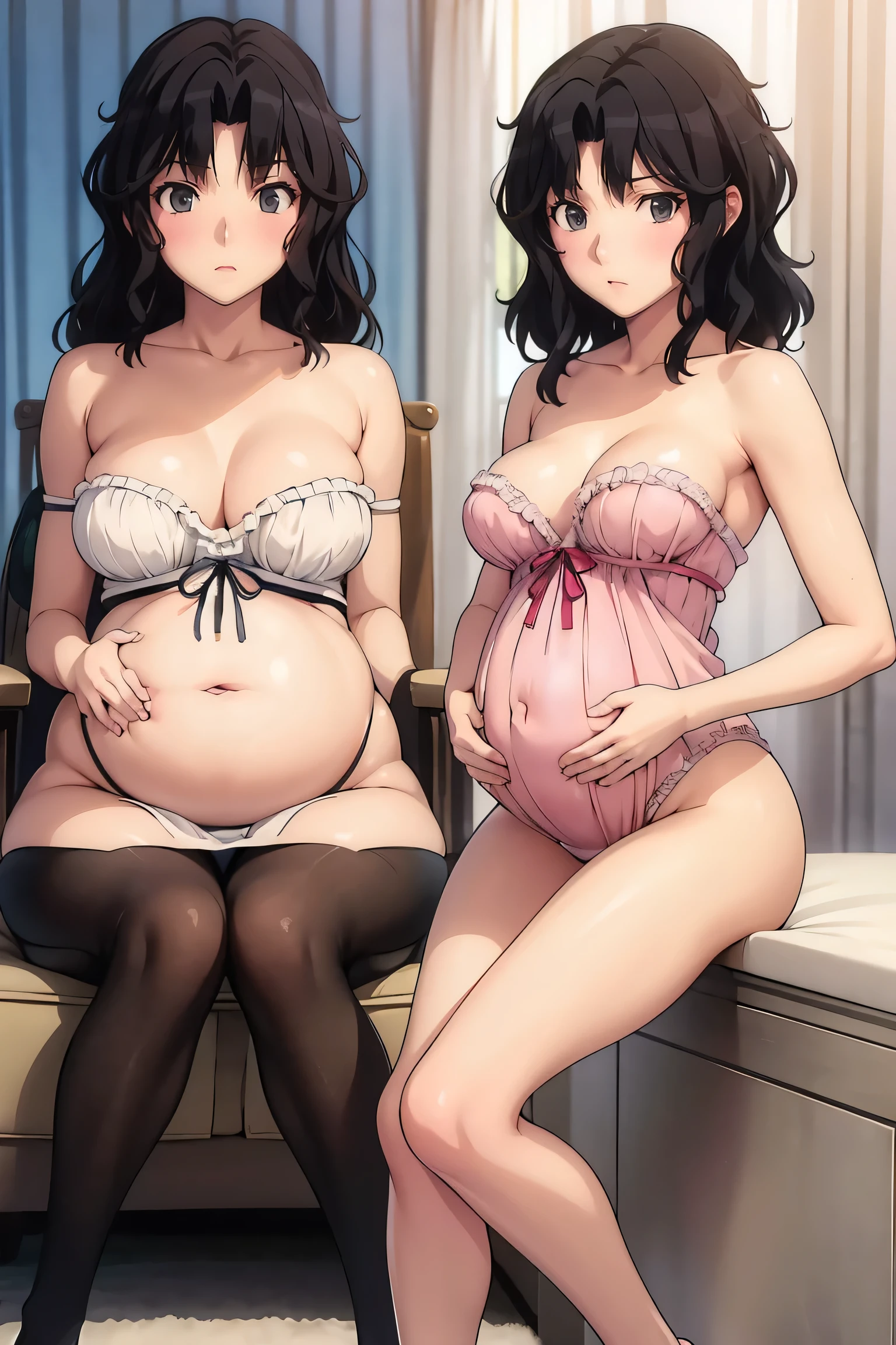 lilandavastyle, score_9, score_8_up, score_7_up, score_6_up, score_5_up, score_4_up, 1boy, 1 girl, full body shot, detailed facial features, small breasts, long black hair, big breasts, solo, cute, pretty, perfect body, sexy, looking at viewer, arrogant face, seductive eyes, seductive, parted lips, large round ass, round pregnant belly, holding pregnant belly, happy, impregnation, fertilization, white wedding dress, cleavage, dynamic pose, seducing viewer, bedroom background, (same girl with evil smile and tongue out and cum on tongue in cutaway)