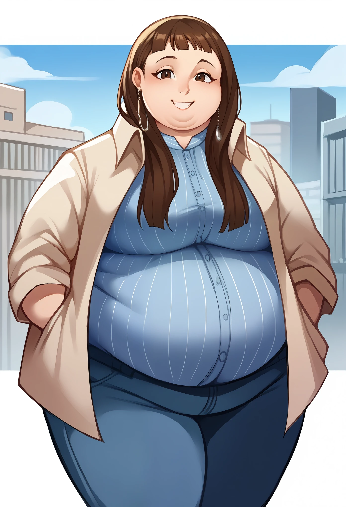 score_9, score_8_up, score_7_up, source_anime BREAK 1girl, solo,   ichinosep5s, long hair, brown hair, blunt bangs, coat, shirt, pants, earring, city, cowboy shot, smile, fat, chubby, obese