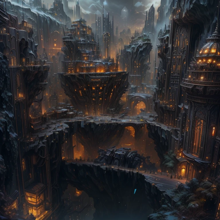 there is a very large city with many buildings in it, asy sci - fi city, big and structured valhalla city, ancient sci - fi city, dark fantasy city, huge futuristic temple city, stuning fantasy 3 d render, in a massive cavernous iron city, dark futuristic city, golden steampunk city atmosphere, fantasy cityscape, intricate cyberpunk city