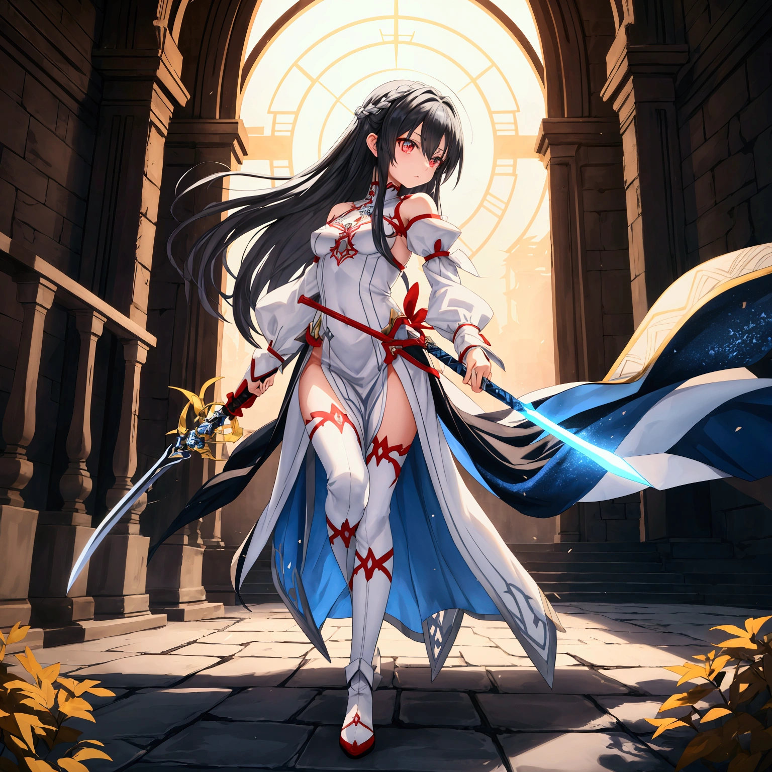 "A slender woman with long, flowing black hair, standing at 160 cm tall, weighing 45 kg, with a petite chest. Her eyes are a soft, pale blue, giving her a mysterious aura. She is wearing an outfit inspired by Asuna from SAO, featuring a sleek and elegant white dress with red and silver armor-like accents. The outfit includes intricate details, such as a fitted bodice, red ribbons, and metallic designs on the sleeves and boots, giving her a warrior-like yet graceful appearance. In her hand, she holds a beautifully crafted rapier, inspired by Asuna’s weapon from SAO. The rapier features an intricate hilt with silver and blue accents, and the blade is long, slender, and razor-sharp, catching the light as it moves. The crossguard is delicately carved, with ornate patterns running down to the handle, offering both elegance and functionality. She is posed mid-action, swinging the sword with precision and grace, her body turning dynamically as the blade cuts through the air, leaving a trail of energy behind. The background depicts a dimly lit, ancient temple, with flickering torches casting shadows on weathered stone walls, adding a sense of mystery and depth to the scene. The image is rendered in ultra-high quality, capturing every fine detail with stunning clarity, from the flowing movement of her dress and hair to the shining armor pieces, and the precise, glowing effect of the rapier in motion."