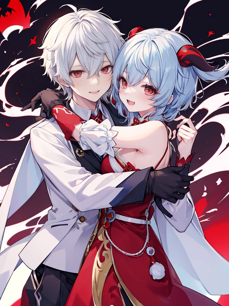 2person, holding each other, ((Nijisanji Kuzu))、Nijisanji、Vampire、​masterpiece、4K works、Short-haired man with gray hair、Vampire Man、Vampire costume、Fangs grow、Beautiful anime works、animesque、Grinning expression, Kuzu holding ganyu genshin impact, ganyu long light blue hair, ganyu holding kuzuha kuzu, ganyu genshin impact, hug, hugs, cute girl, 